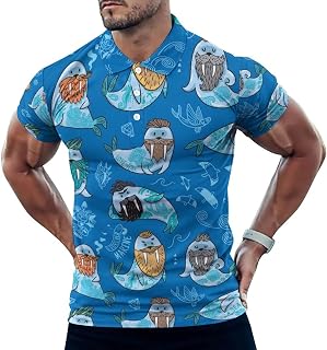 Walrus with Mustache and Tattoo Men's Golf Polo-Shirt Short Sleeve Jersey Tees Casual Tennis Tops 2XL