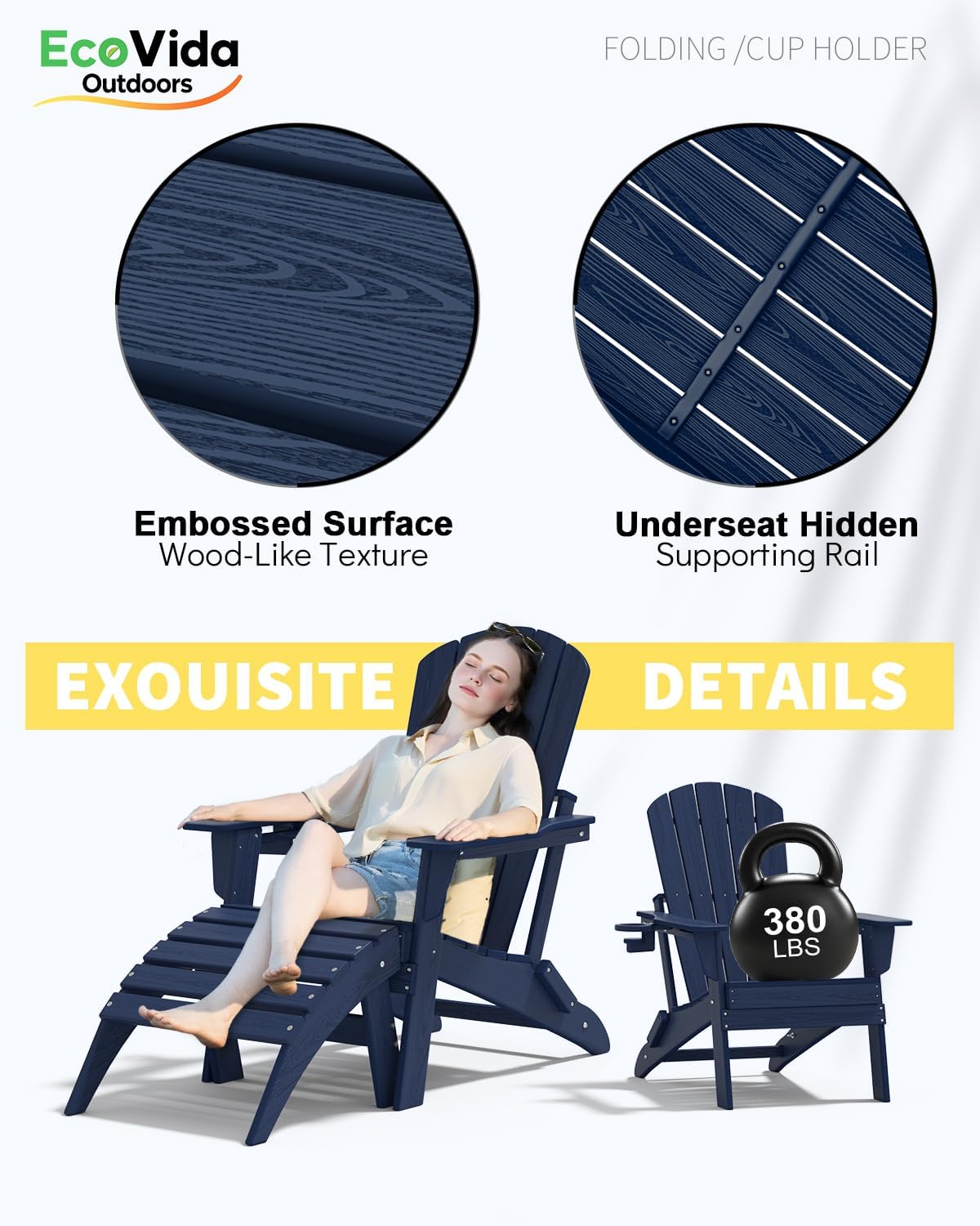 Folding Adirondack Chair Set 3-Piece - 38" Extra Tall Back & Embossed Wood Grain, Oversized HDPE Patio Furniture with Side Table & Cup Holders, 380lb Heavy Duty, Navy Blue
