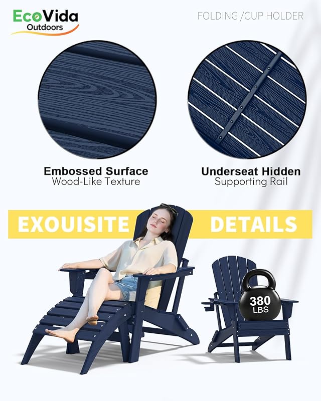 EcoVida Outdoors Adirondack Chair Set of 2 with Cup Holders&Table, Navy image 6