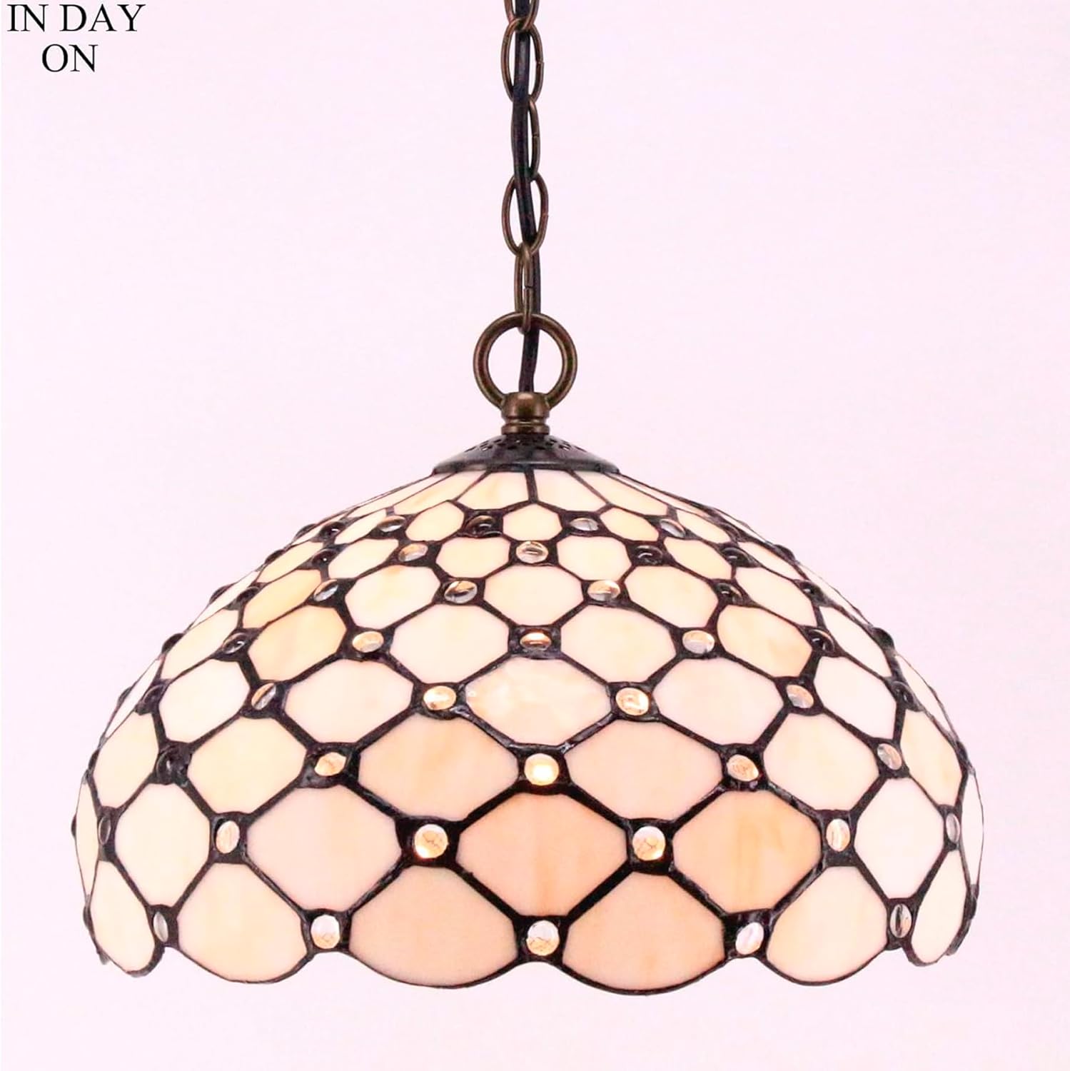 WERFACTORY Tiffany Pendant Light Fixture Cream Amber Bead Stained Glass Hanging Lamp Wide 12 Inch Height 32 Inch S005 Series