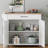 Vista 8 de Isla de cocina con almacenamiento, isla de cocina rodante de 31 pulgadas con ruedas con encimera de madera maciza, carrito de cocina con gabinete