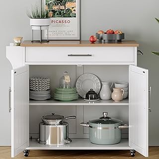 Soscana Kitchen Island with Storage, Wooden Rolling Kitchen Island On Wheels with Wood Top, Mobile Kitchen Bar Cart Cabinet with Towel Rack, Spice Rack and Drawers, White