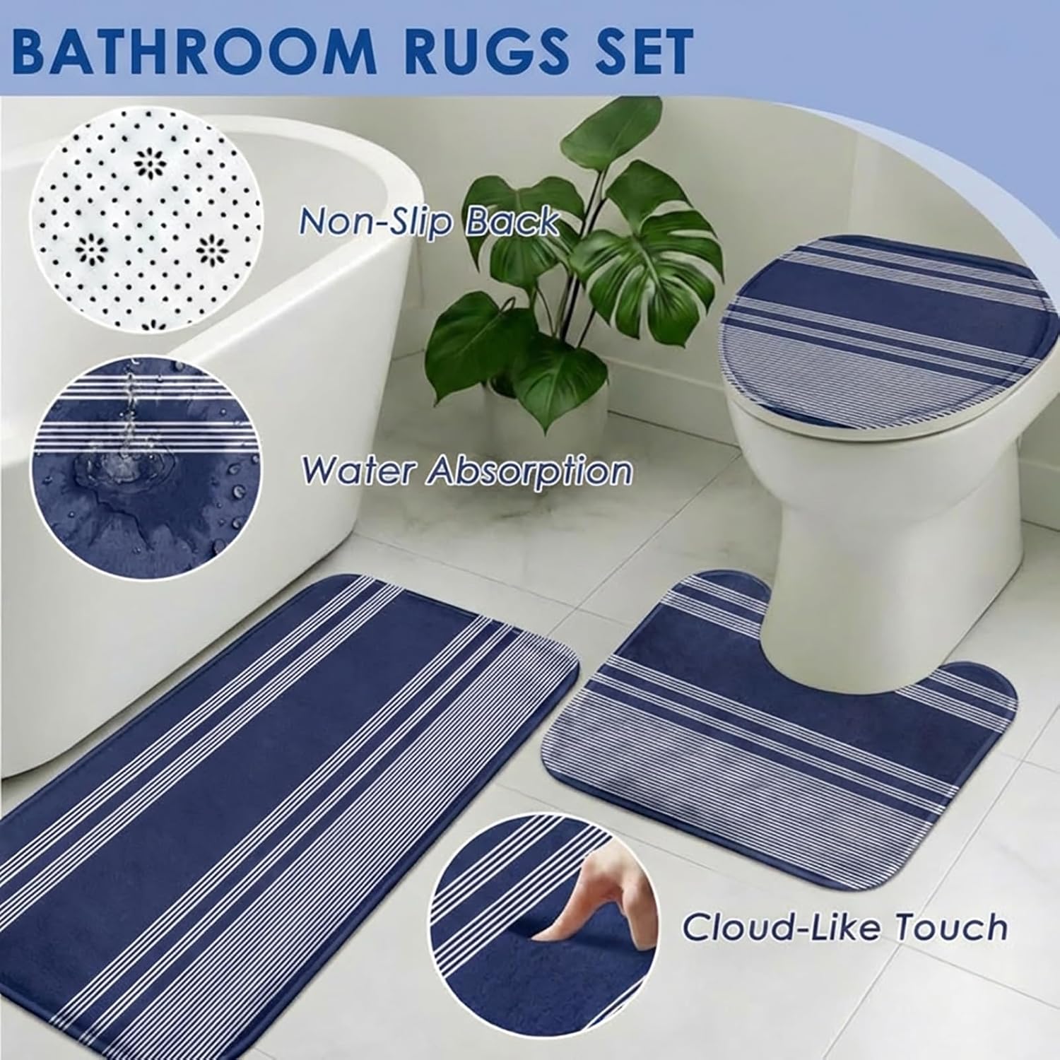 Navy Blue Bathroom Decor and Accessories Set, Striped Blue Shower Curtain and Rug Set with Trash Can, Soap Dispenser, Soap Dish, Toothbrush Holder, Toothbrush Cup, Toilet Brush