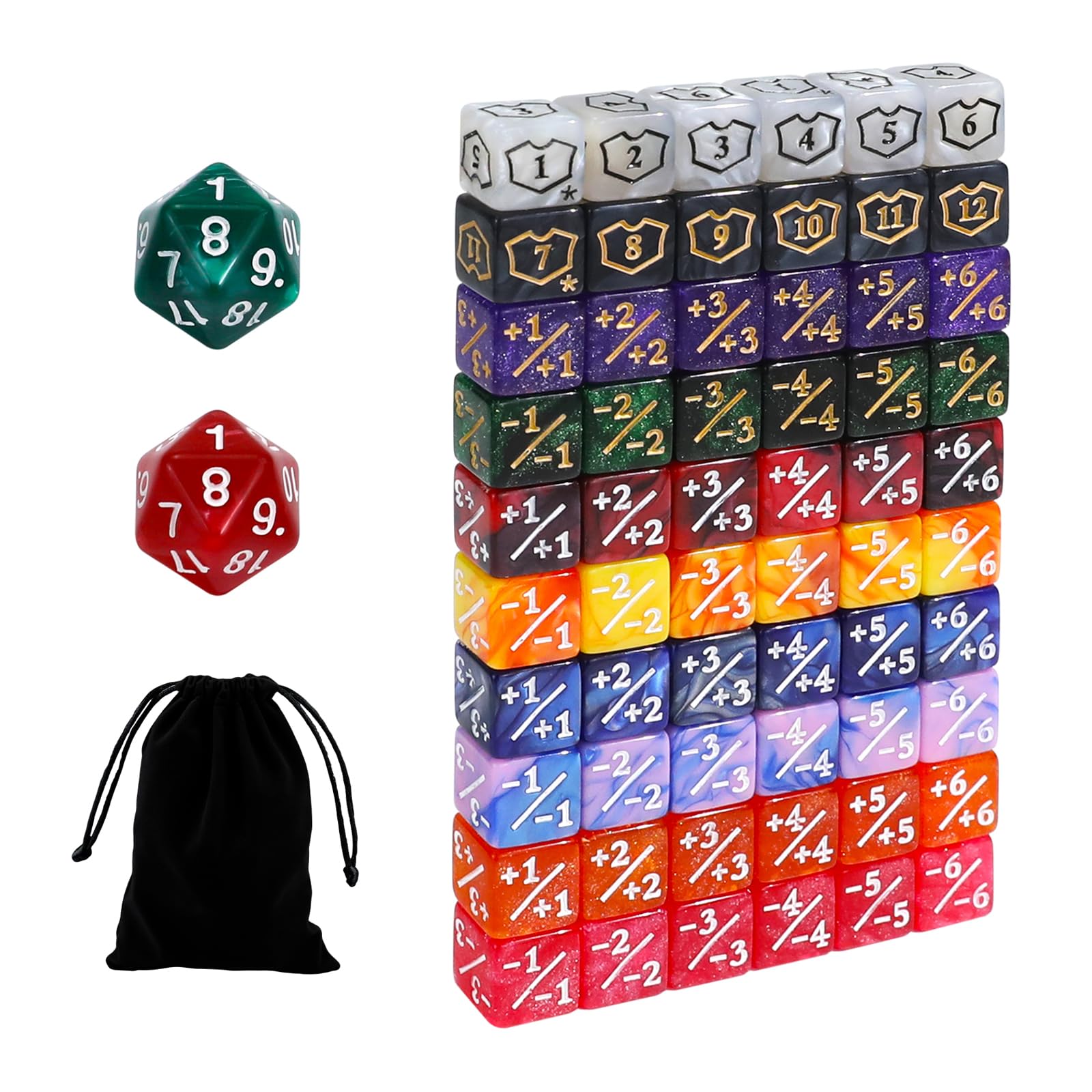 FIGURESLAB 62PCS 12mm MTG Dice Set with Plus 1 Life Counter & Shield & Spindown Dice in 10 Colors with Velvet Bag, Compatible with Magic The Gatering CCG TCG Magic Card Gaming Accessories