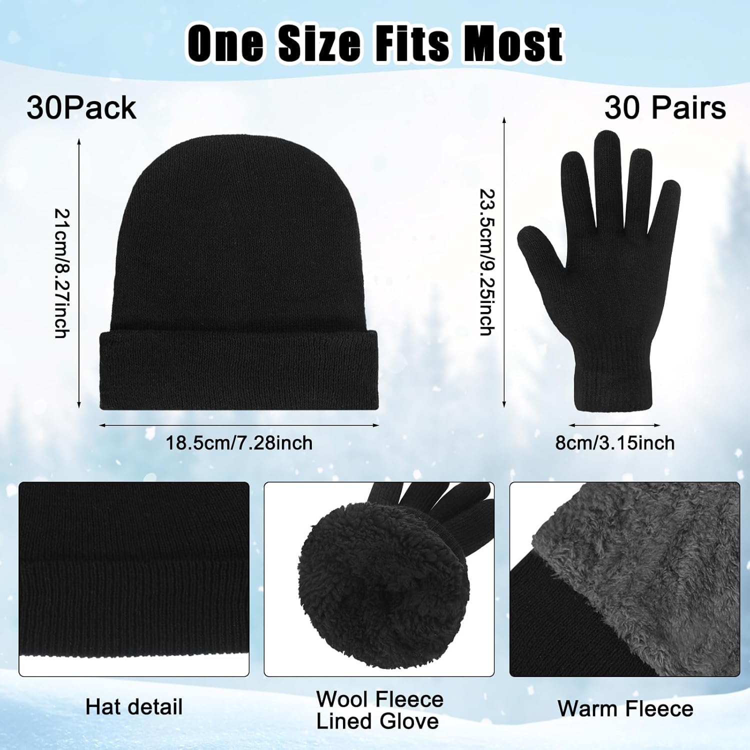 Cuffbow 60 Pcs Winter Beanie Hats and Gloves Set Bulk Thick Warm Slouchy Knit Cap Fleece Gloves Winter Cold Weather Accessories for Men Women Homeless Black
