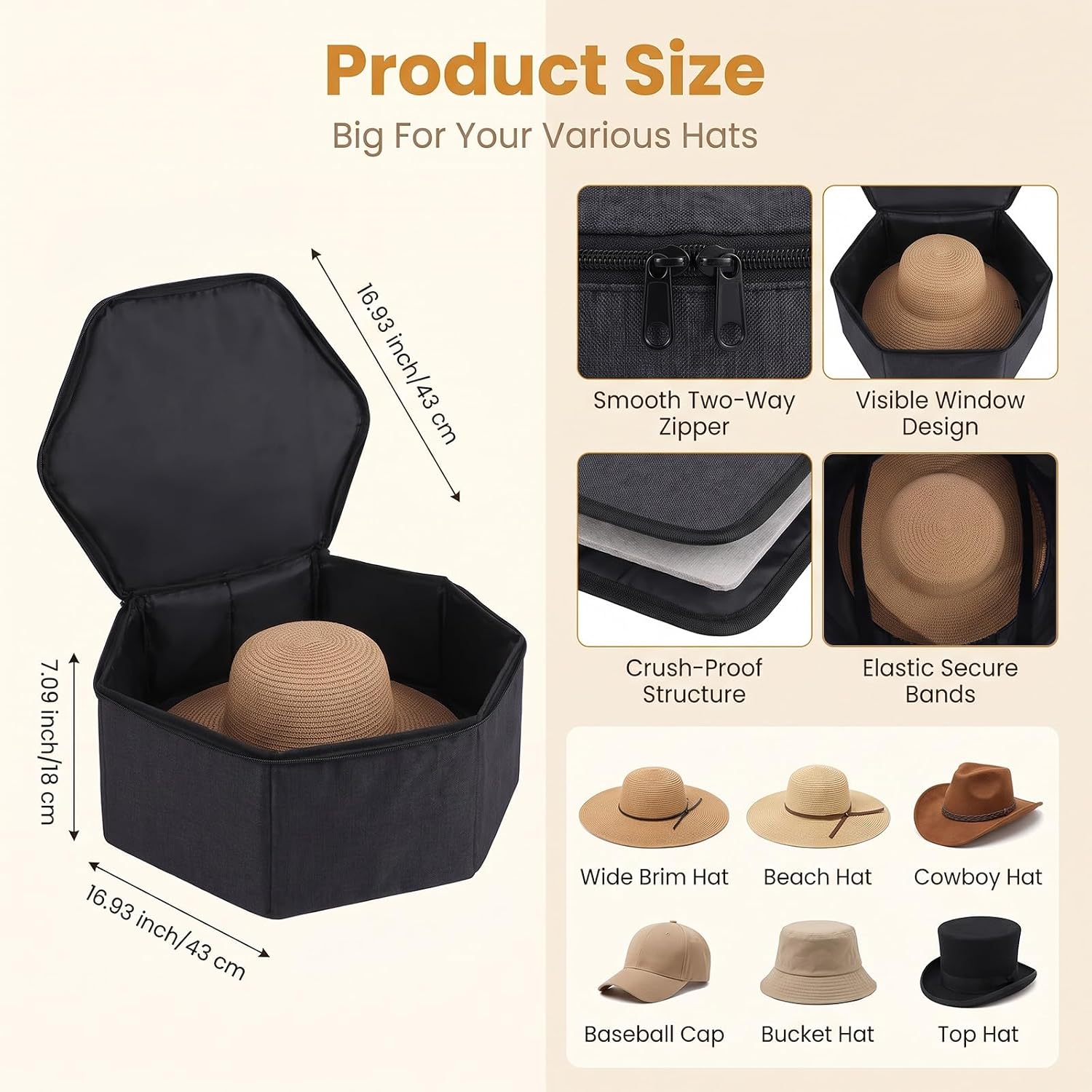 2 Pack Cowboy Hat Box for Storage, Foldable Cowboy Hat Storage Box with Handles and Luggage Strap, Travel Hats Case for Men Women, 16.93x7.09 Inches, Black Oxford Cloth