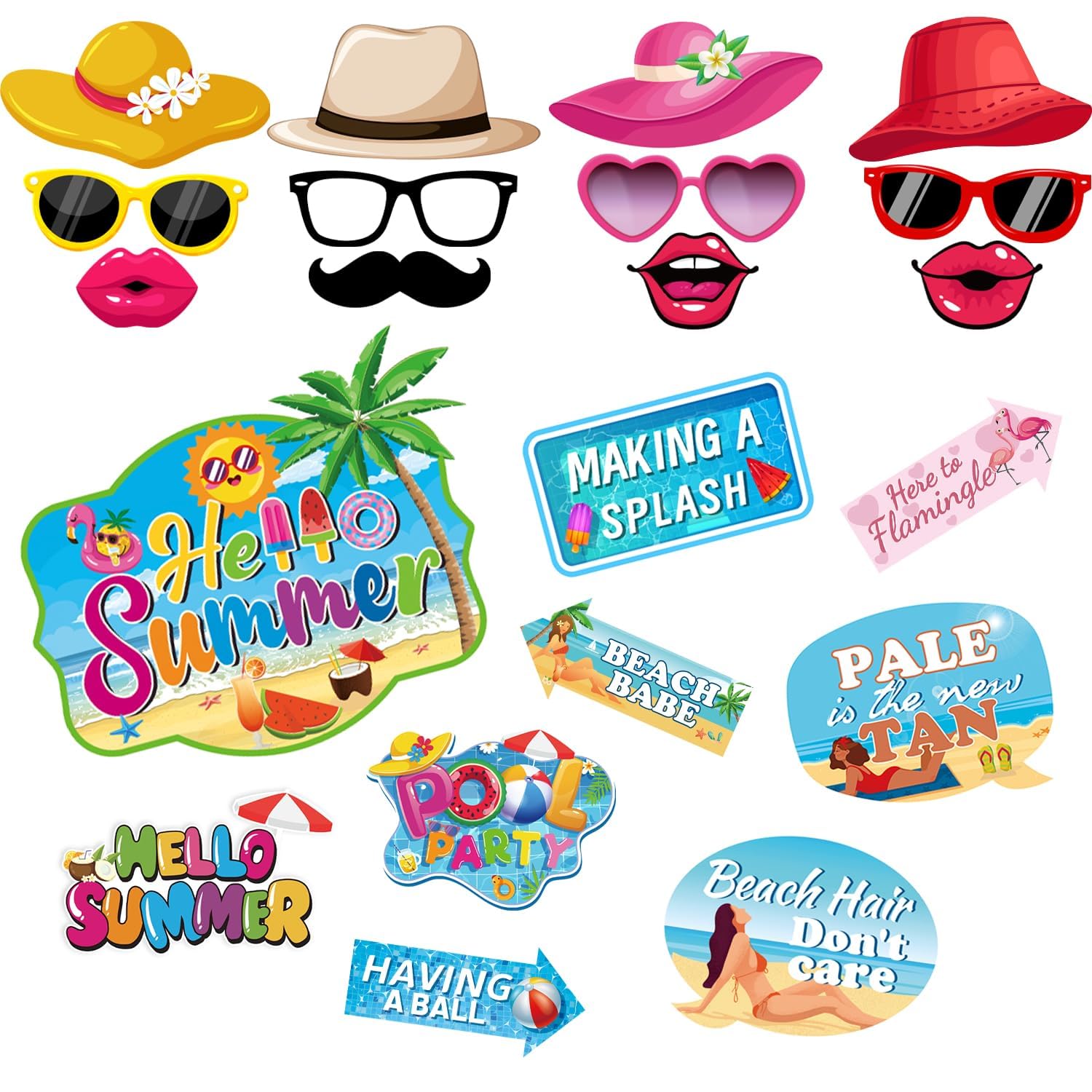 43 piezas de decoración de fiesta de verano, accesorios de cabina de verano, decoraciones de piscina, accesorios de cabina de fotos de playa, accesorios divertidos para cabina de fotos para selfie