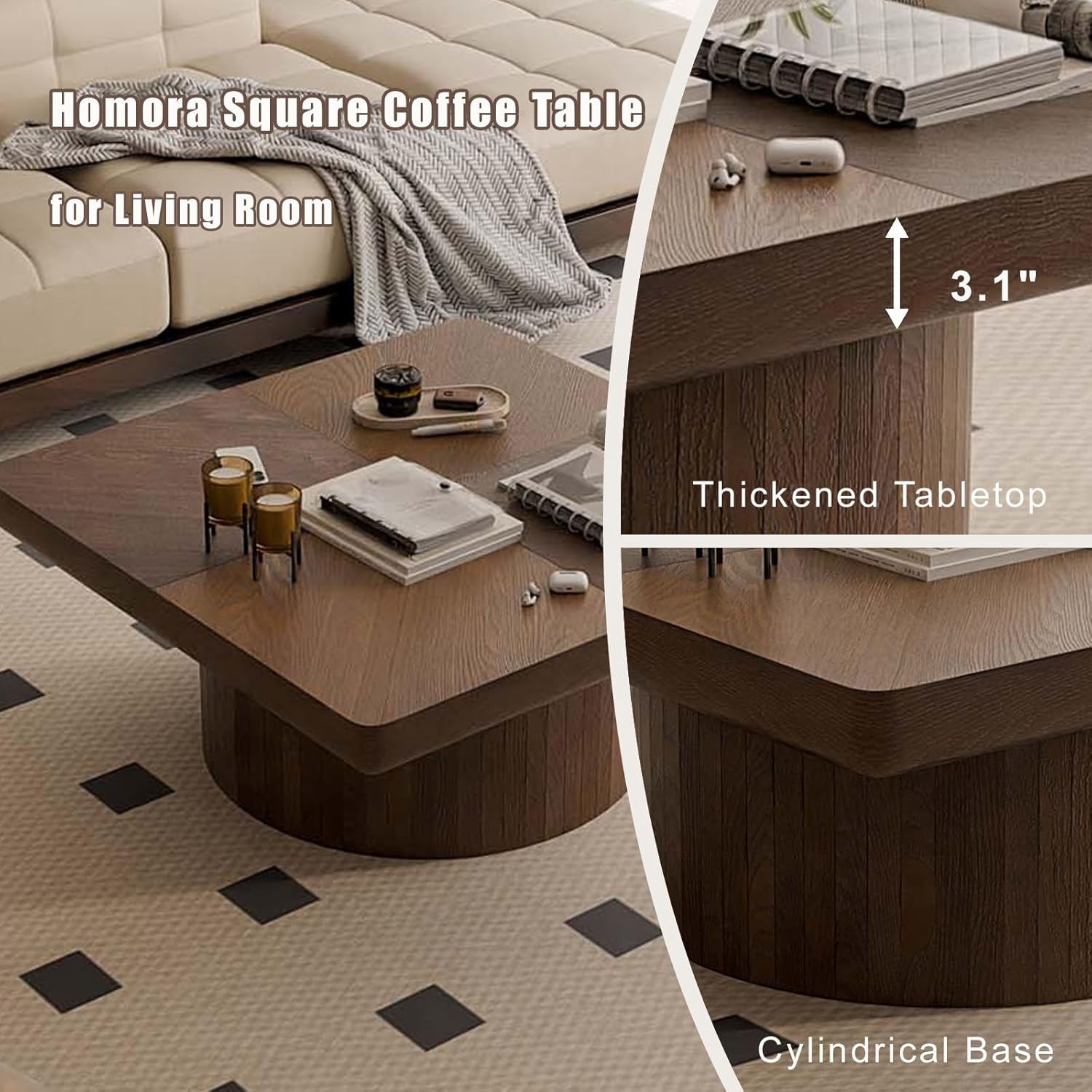 34.6" Square Coffee Table with Cylindrical Leg, Modern Wooden Coffee Table with Solid Wood Veneered, Mid Century Modern Wooden Center Table, Accent Tea Table for Living Room Apartment, Walnut