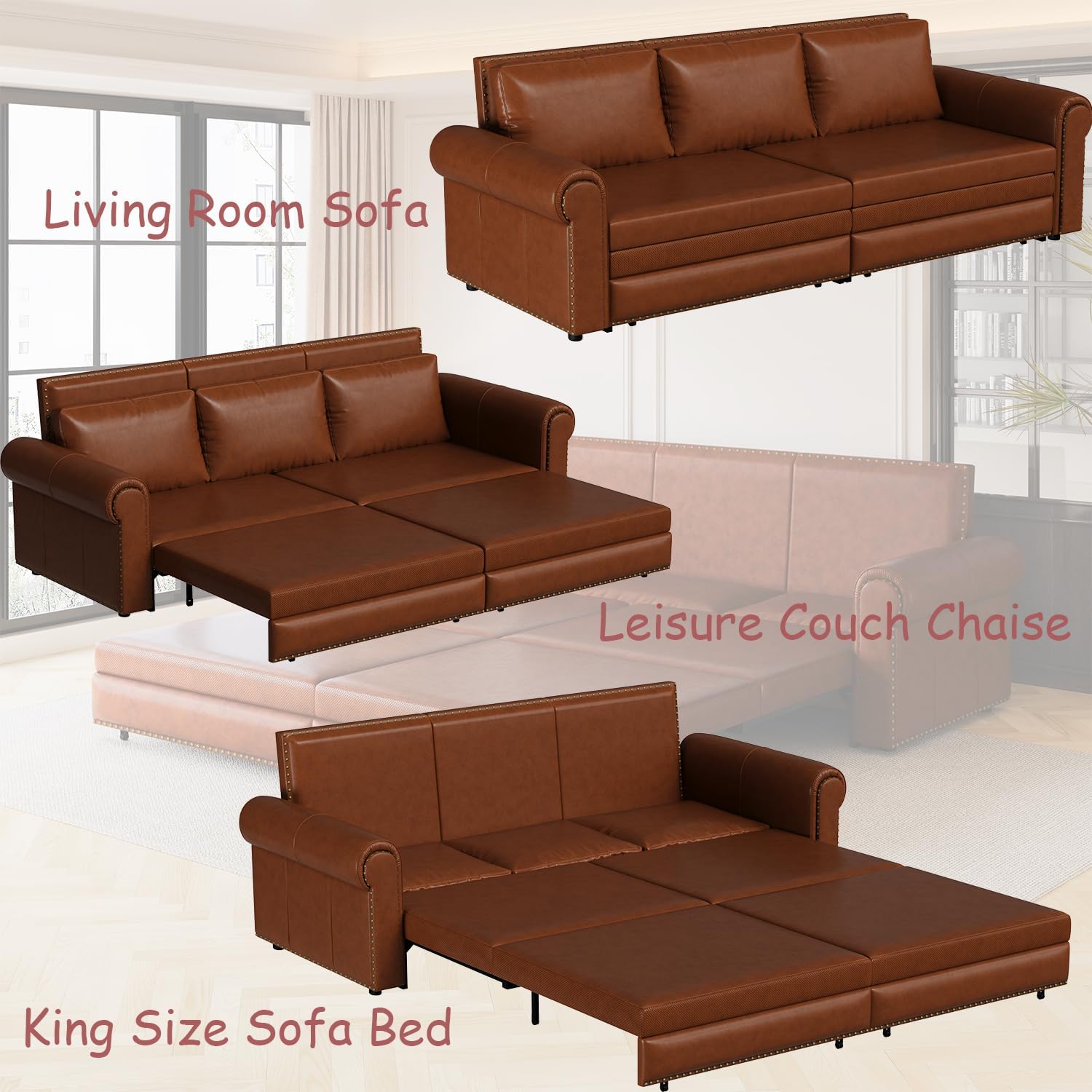 Ochangqi Leather 3-Seater Sleeper Sofa Light Brown 3-in-1 Convertible King Size Pull Out Bed