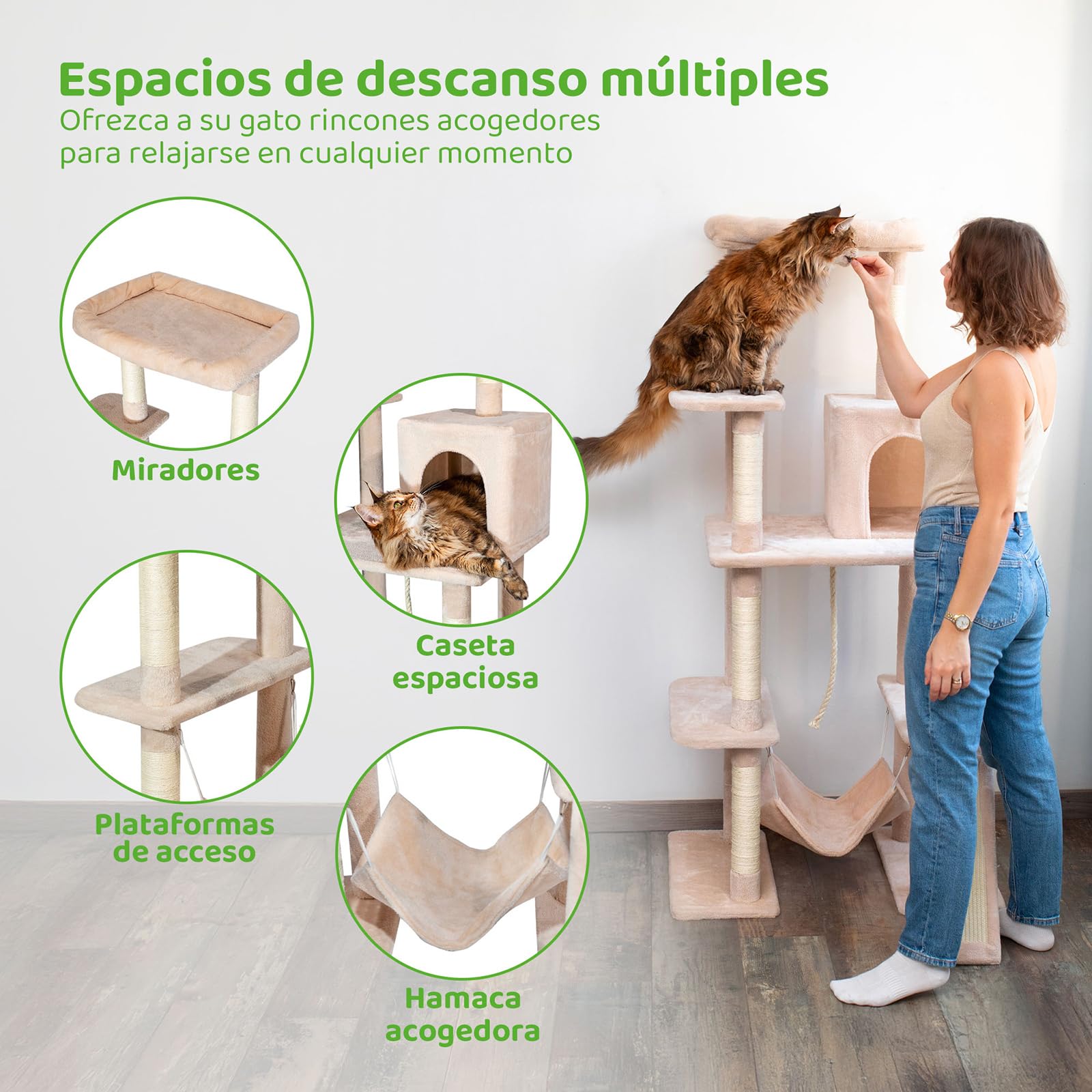 Árbol de Gato XL, rascador para Gatos, 1 Percha, 1 nicho, 1 Hamaca, Pelota, columnas de sisal, Peluche, Altura 160 cm, Color Beige, garantía de 5 años