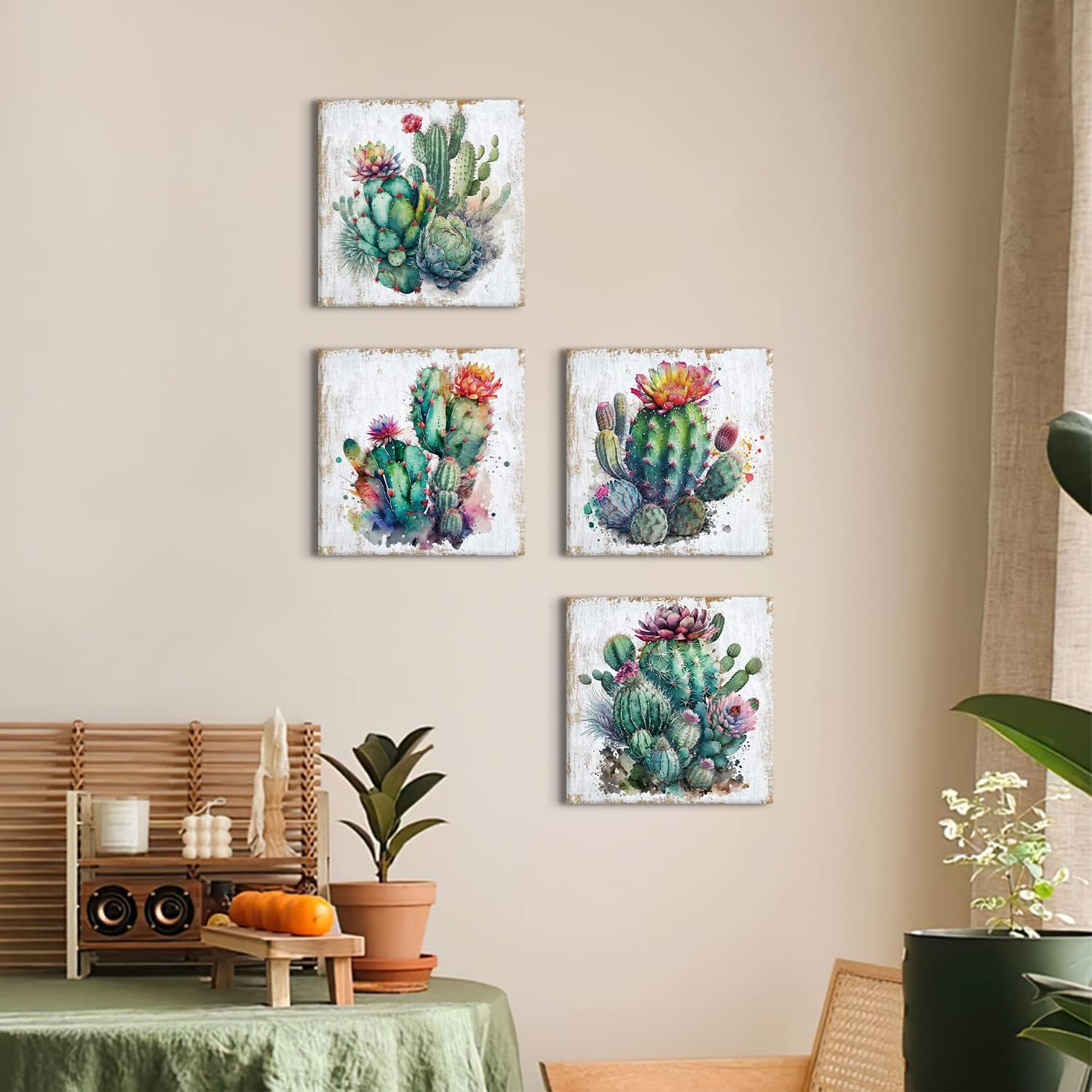 Cactus Decor for Bathroom Succulent Cactus Wall Art Western Wall Decor Southwestern Botanical Plants Canvas Prints Mexican Boho Tropical Flowers Artwork Living room Office Home Decorations 12x12" 4Pcs