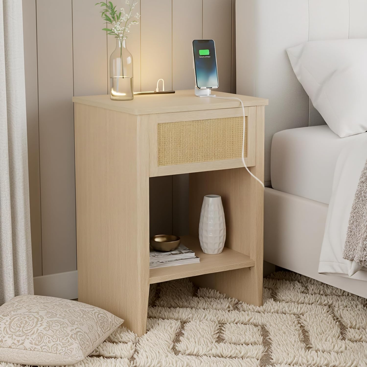 Ink+Ivy Handcrafted Rattan Decorative Side Table, with Charging Function and LED Touch Light, Natural Wood Grain Surface, Equipped with Hidden Drawers and Shelves, for Small Spaces, Bedroom