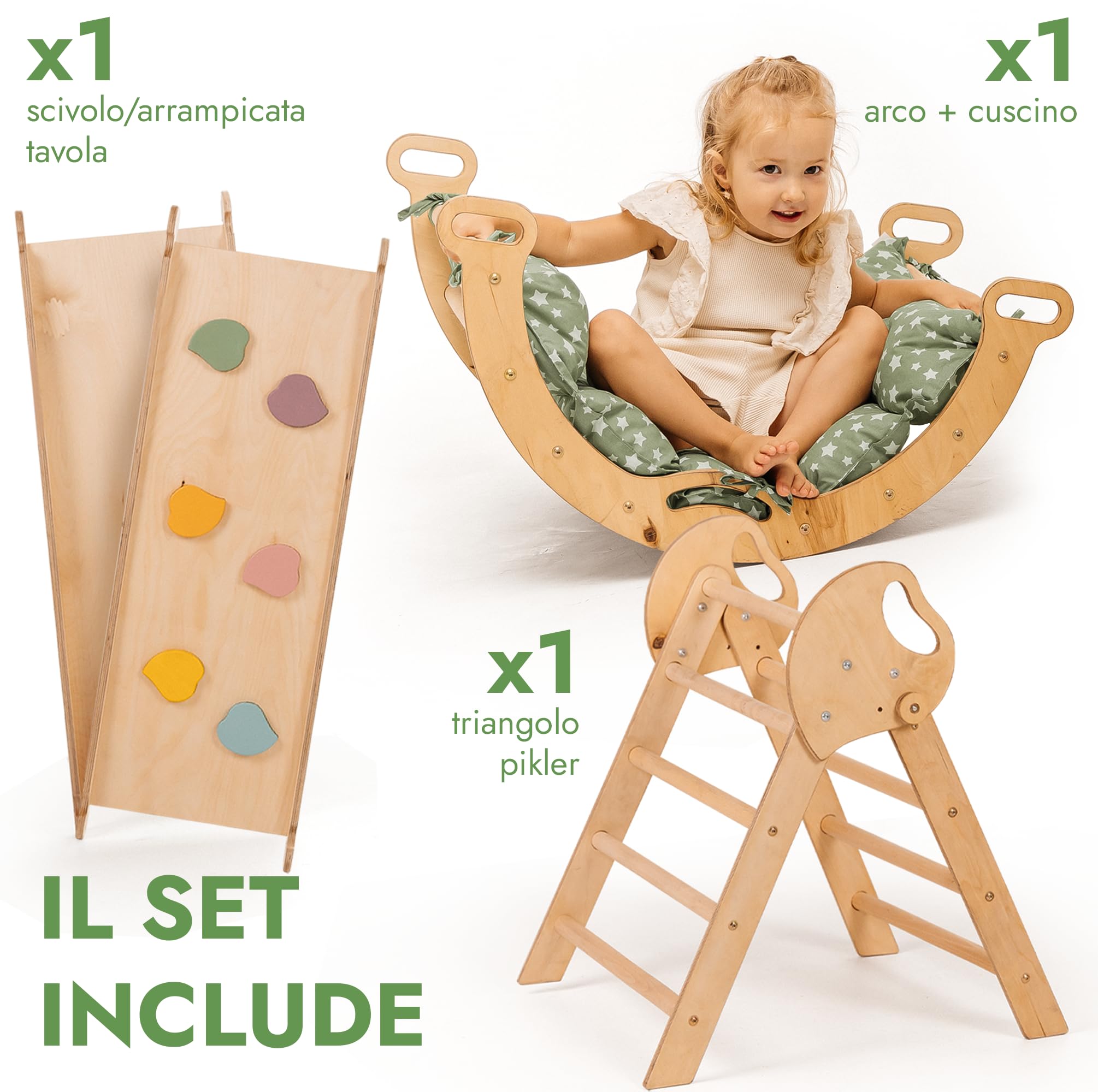 Goodevas 5-in-1 Telaio da Arrampicata per Bambini - Scala a Triangolo, Arco per Arrampicata, Balance Board e Cuscino, Telaio da Arrampicata Montessori, Palestra in Legno per Bambini da 1 a 3 Anni