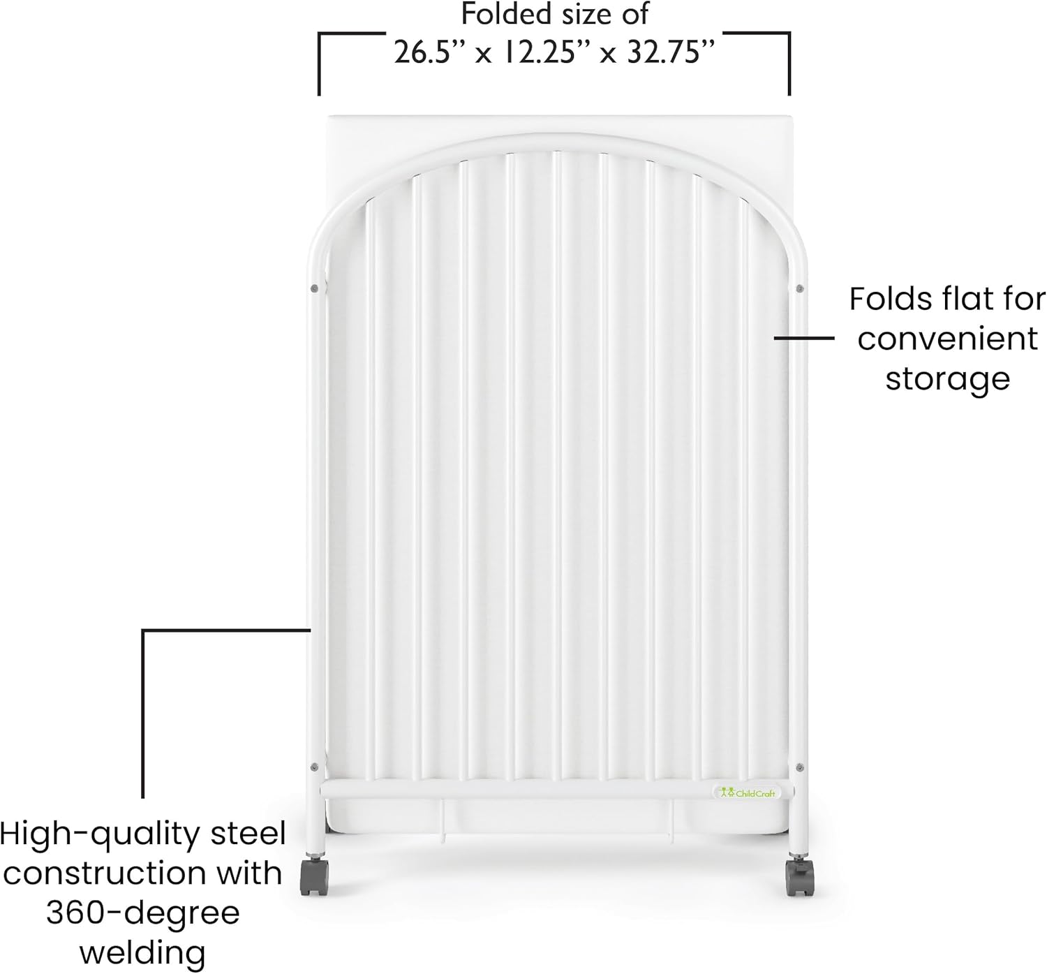 Child Craft Sweet Dreamer Arched Compact Folding Portable Crib with 3” Crib Mattress and 2 Easy Roll Locking Wheels, Durable Metal Construction, Easy to Clean, White