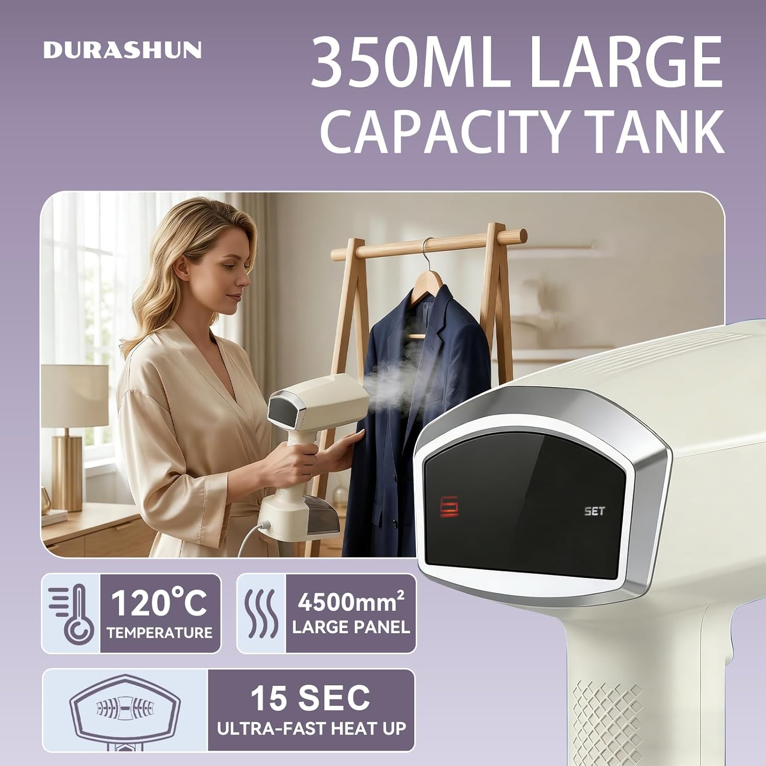 Handheld Garment Steamer, 2-in-1 Wet Dry Steam Iron, 1400W Fast Heating, 15s Preheat, 3-Speed Steam, 350ML Removable Tank, for All Fabrics & Multi-Scenario Use (Beige)