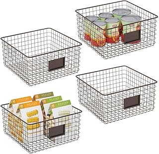 mDesign Panier en métal (Lot de 4) – Panier en métal Polyvalent – Panier de Rangement avec Zone d'inscription pour Cuisine, Garde-Manger – Corbeille de Rangement compacte – Couleur Bronze