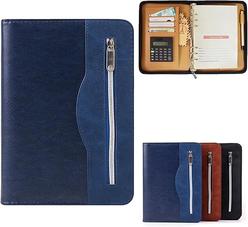 Miniatura 1 de Marte Vanci Padfolio A5 con calculadora, cartera de negocios de piel sintética con cremallera, organizador de carpetas de conferencias con 6