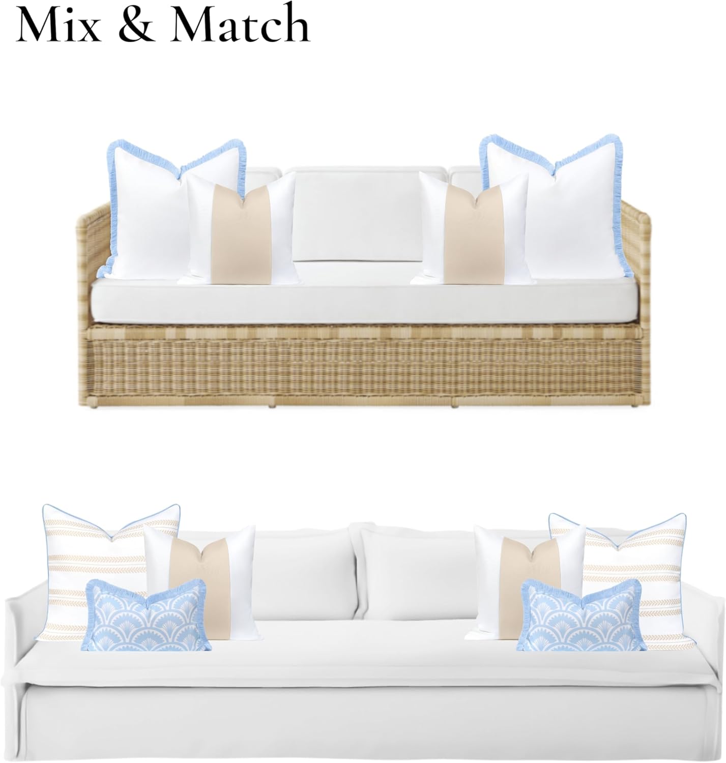 Hofdeco Premium Coastal Hampton Patio Indoor Outdoor Throw Pillow Cover Only, 20"x20" Water Repellent for Backyard, Couch, Poolside, Neutral Tan Print Color Block