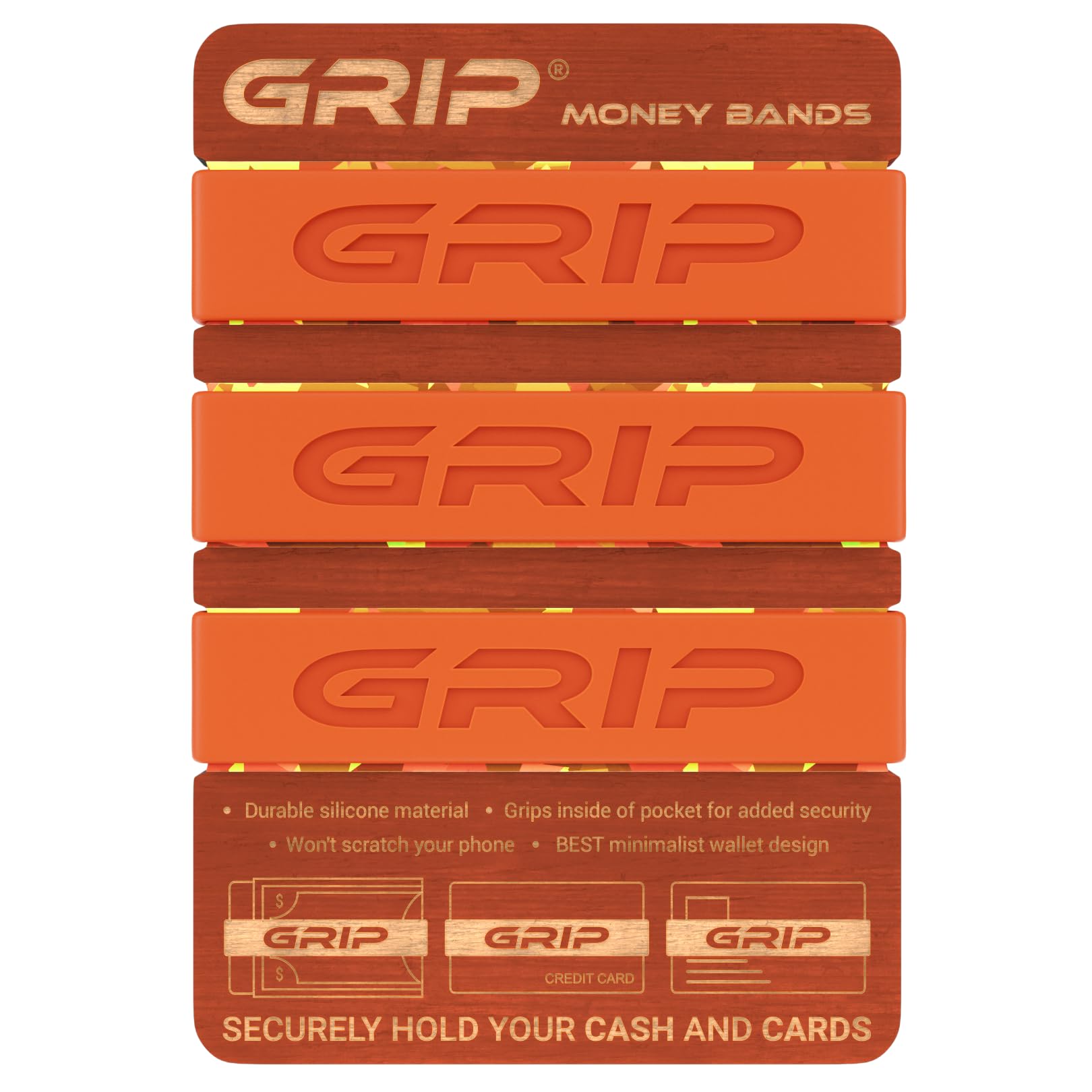 Grip Money Bands (Pack of 3) - ORANGE - Premium Silicone Band for Cash & Cards - Slim & Durable Design