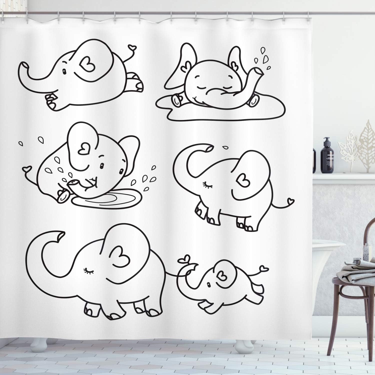 ABAKUHAUS Nursery Shower Curtain, Black and White Doodle Style Elephant Various States Running Sleeping Eating