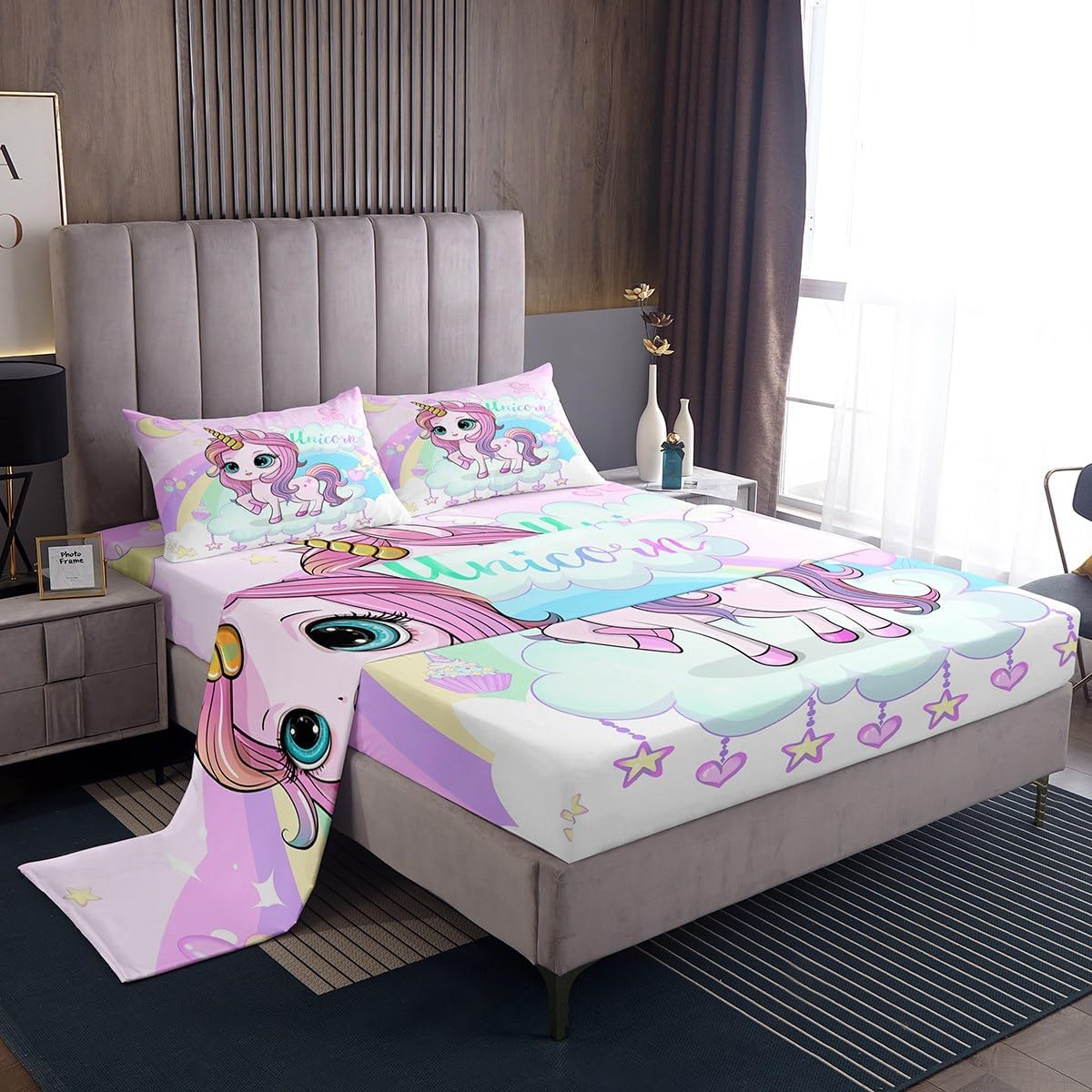 Feelyou Cute Rainbow Unicorn Bed Sheets Set Full, Girls Unicorn Sheet Set Fairy Dreamy Horse Sheets with Deep Pocket Fitted Sheet Kids Toddler Cute Animal Decor Bedding Set 4Pcs