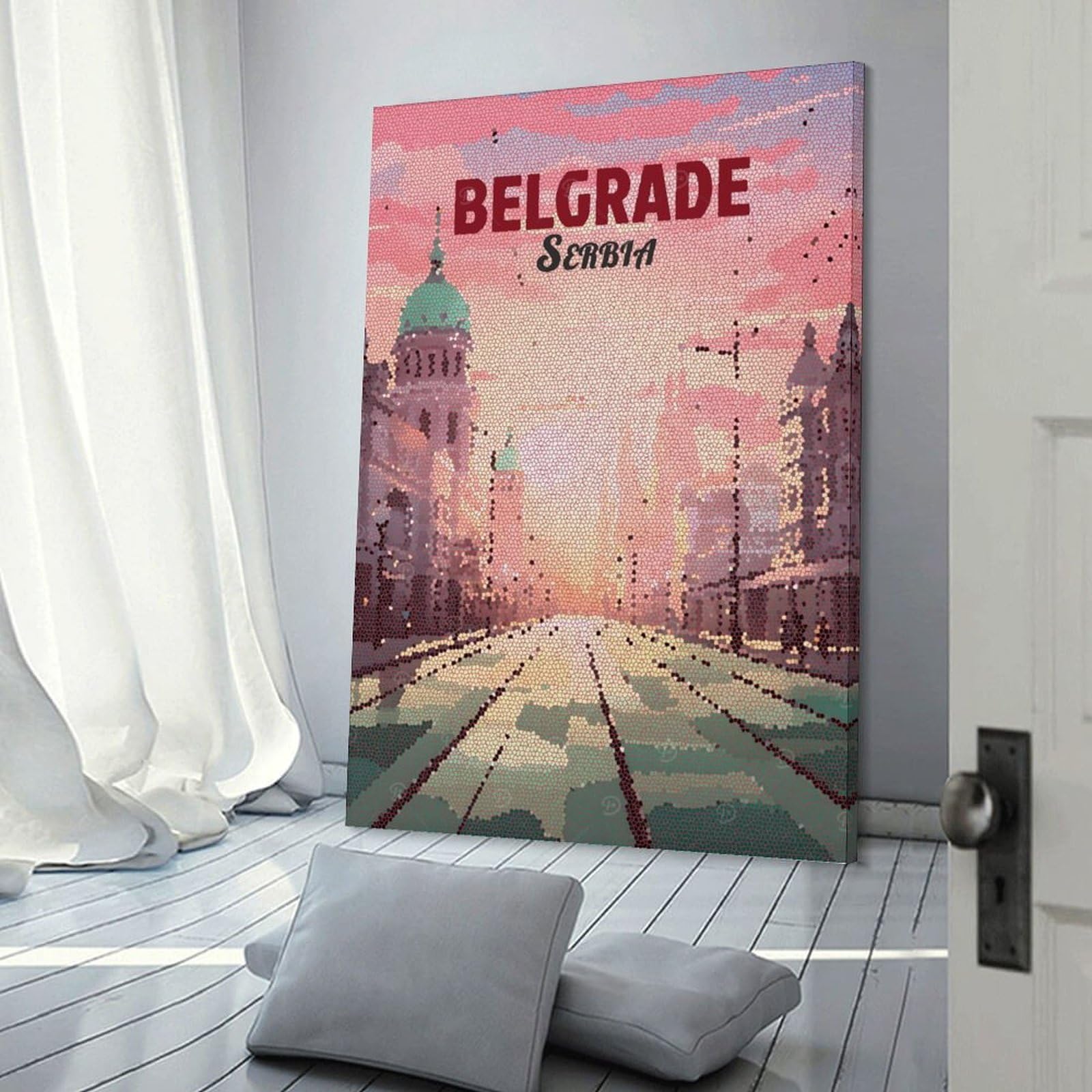 Junmoney Belgrade, Serbia Mosaic Cityscape Canvas Wall Art, 24x36inch(60x90cm), for Bedroom Decor, Cosy Corners Or Studios, Stylish Decor for A Restful Room Update