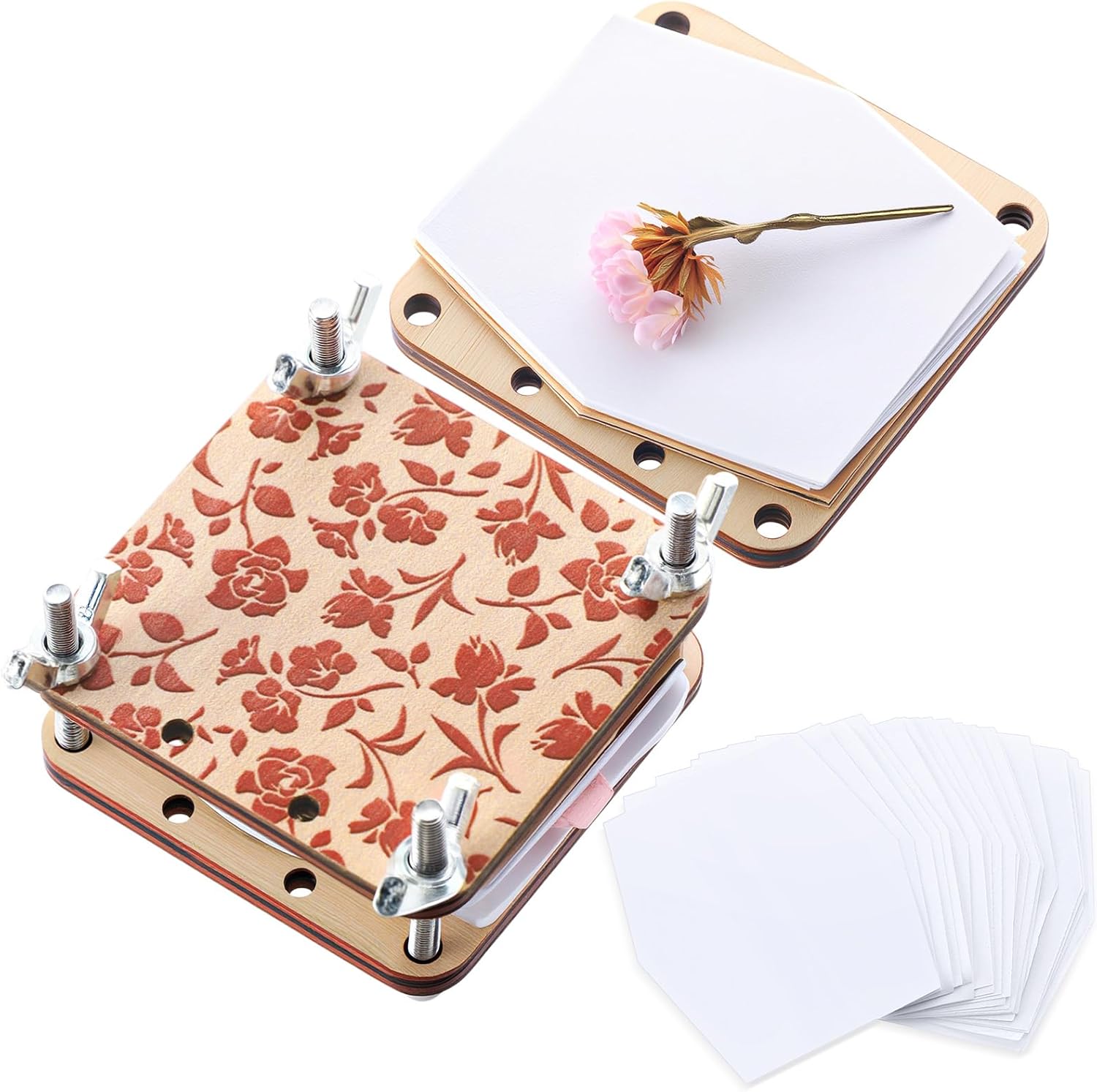Leriton Micro Flower Press Kit 2.56 x 2.56 Inch Mini Wood Flower Press Kit Pocket Plant Leaf Preservation with 20 Specimen Papers for DIY Arts Crafts Pressing Plants