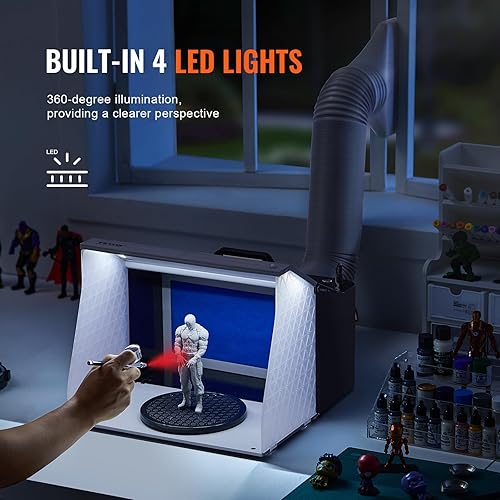 Miniatura 4 de VEVOR Cabina de aerosol para aerógrafo, kit portátil de cabina de aerosol de pintura con 4 luces LED, potentes ventiladores de escape duales, plato