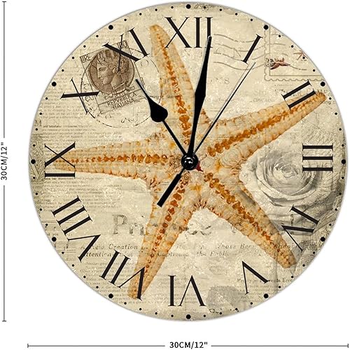 Miniatura 111 de ArogGeld Reloj de pared con diseño de estrella de mar antigua francesa, de cloruro de polivinilo, con números romanos, de 10 pulgadas, funciona
