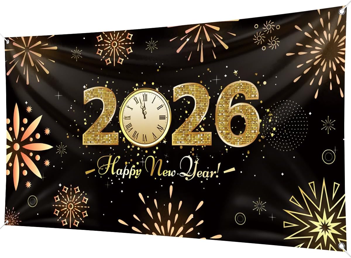 2026 Happy New Year Backdrop Banner 78 x 43 Inch Large Size Banner Blue Background Banners New Year‘s Eve Party Decorations Supplies for New Year Party Decorations Celebration