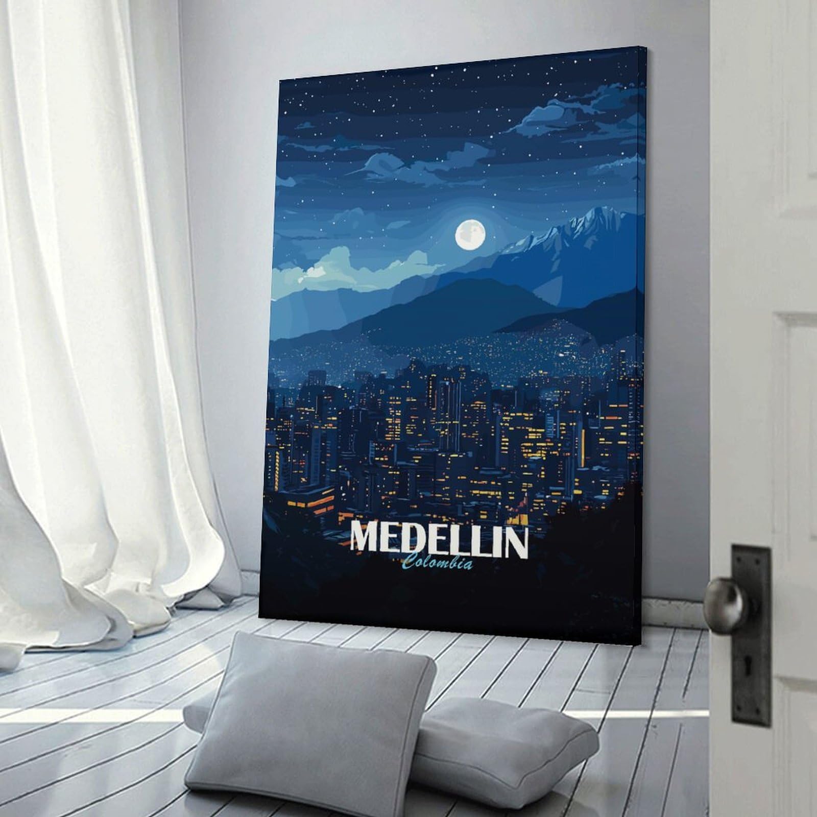Junmoney Medellin Colombia Night Cityscape Decorative Wall Artwork, 20x30inch(50x75cm), for New Homes, Bedrooms Or Workspaces, Gift Idea for Housewarming And Birthdays
