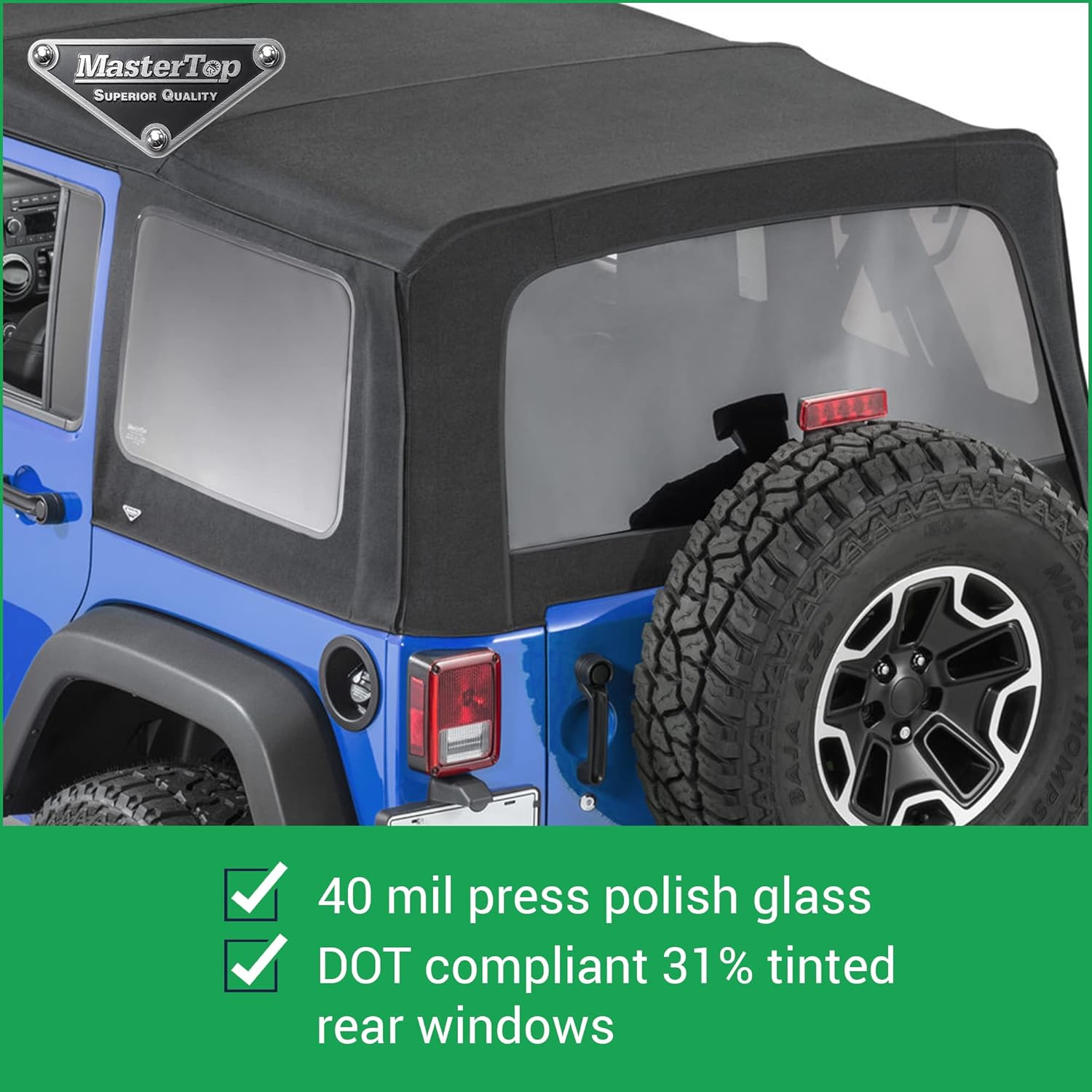MasterTop Premium Replacement Fabric Only Soft Top - Fits Jeep Wrangler JK 4-Door 2010-2018 - Zip Up Removable Windows - DOT Approved 31% Window Tint - Upgraded Cable Style Design, Black MasterTwill
