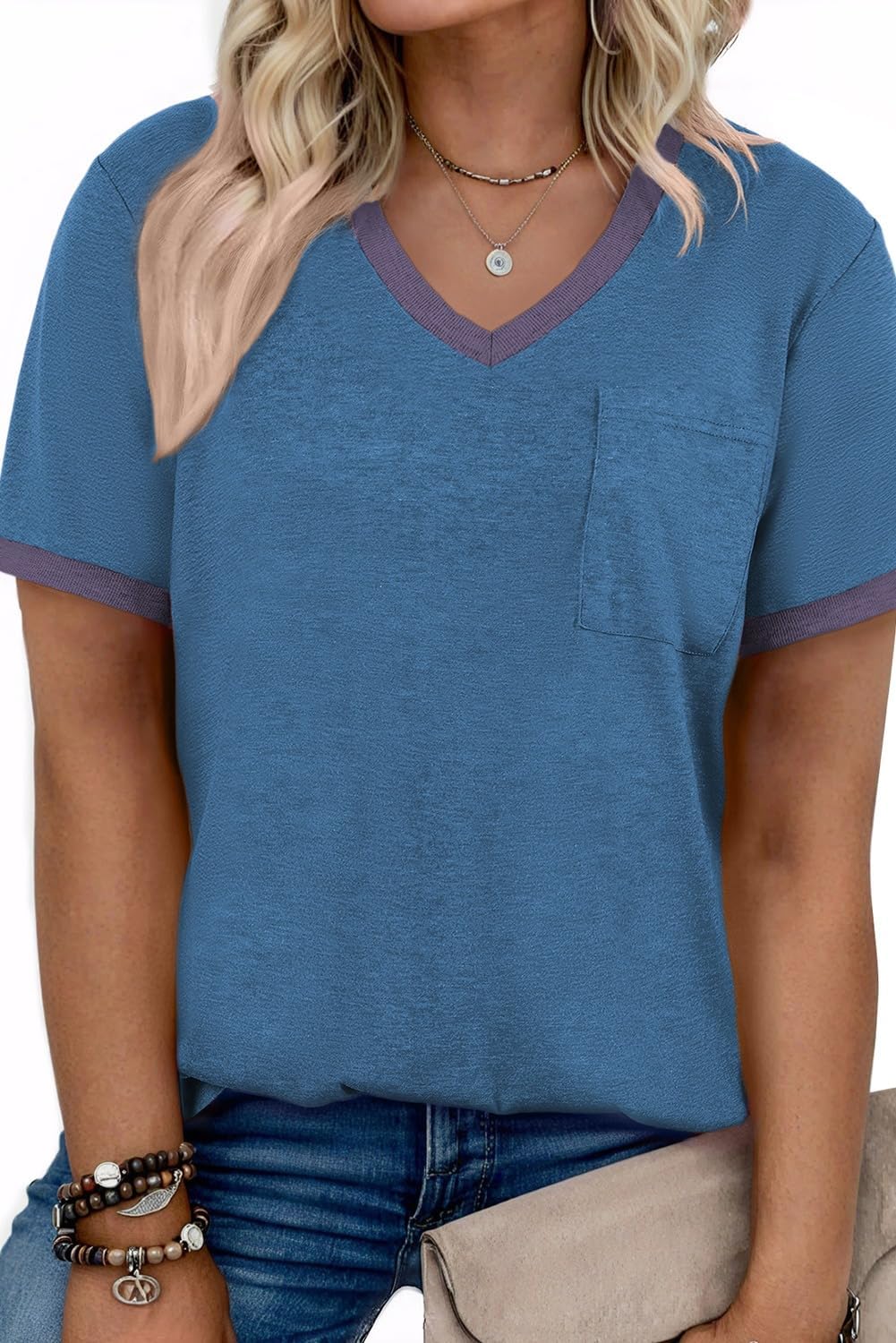 Eytino Women Plus Size Tunic Tops Summer Short Sleeve V Neck Striped Tee Shirts with Pocket,4X Blue