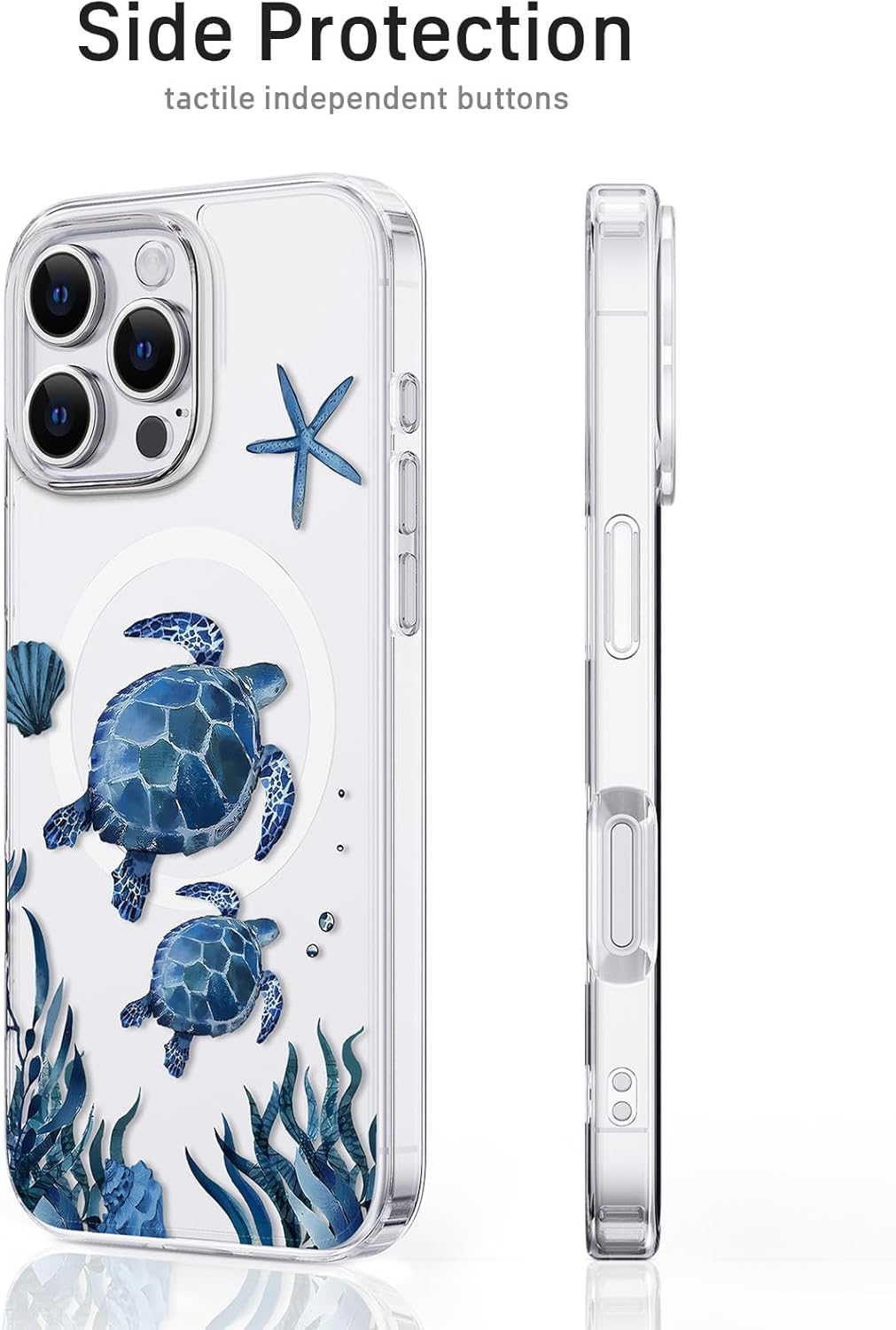 Summer Clear Phone Case for iPhone 16 Pro Compatible with MagSafe, Sea Turtle Beach Blue Ocean Shell Water Grass Design Shock Proof Heavy-Duty Protection for Men Women Girls - Image 2