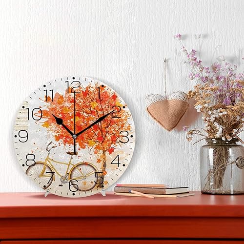 Miniatura 2 de Otoño otoño árbol caída hojas con reloj de pared amarillo bicicleta reloj de pared sin marco de moda reloj decorativo para cocina, dormitorio, sala
