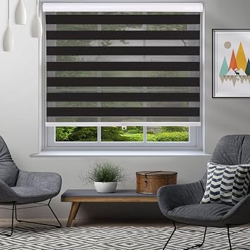 Customized Cordless Zebra Blinds Horizontal Window Blinds and Shades Dual Layer Roller Shades, Sheer or Privacy Light Control [Black-39 1/2" W x 60" H]