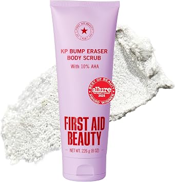 First Aid Beauty KP Bump Eraser Body Scrub with 10% AHA, Keratosis Pilaris Skin Exfoliator with Glycolic and Lactic acids, Helps Reduce Chicken Bumps, Safe for Sensitive Skin, 8 oz | 10% AHA body exfoliator with glycolic, lactic acids and pumice to smooth KP bumps and strawberry skin