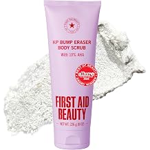 First Aid Beauty KP Bump Eraser Body Scrub with 10% AHA, Keratosis Pilaris Skin Exfoliator with Glycolic and Lactic acids, Helps Reduce Chicken Bumps, Safe for Sensitive Skin, 8 oz | 10% AHA body exfoliator with glycolic, lactic acids and pumice to smooth KP bumps and strawberry skin
