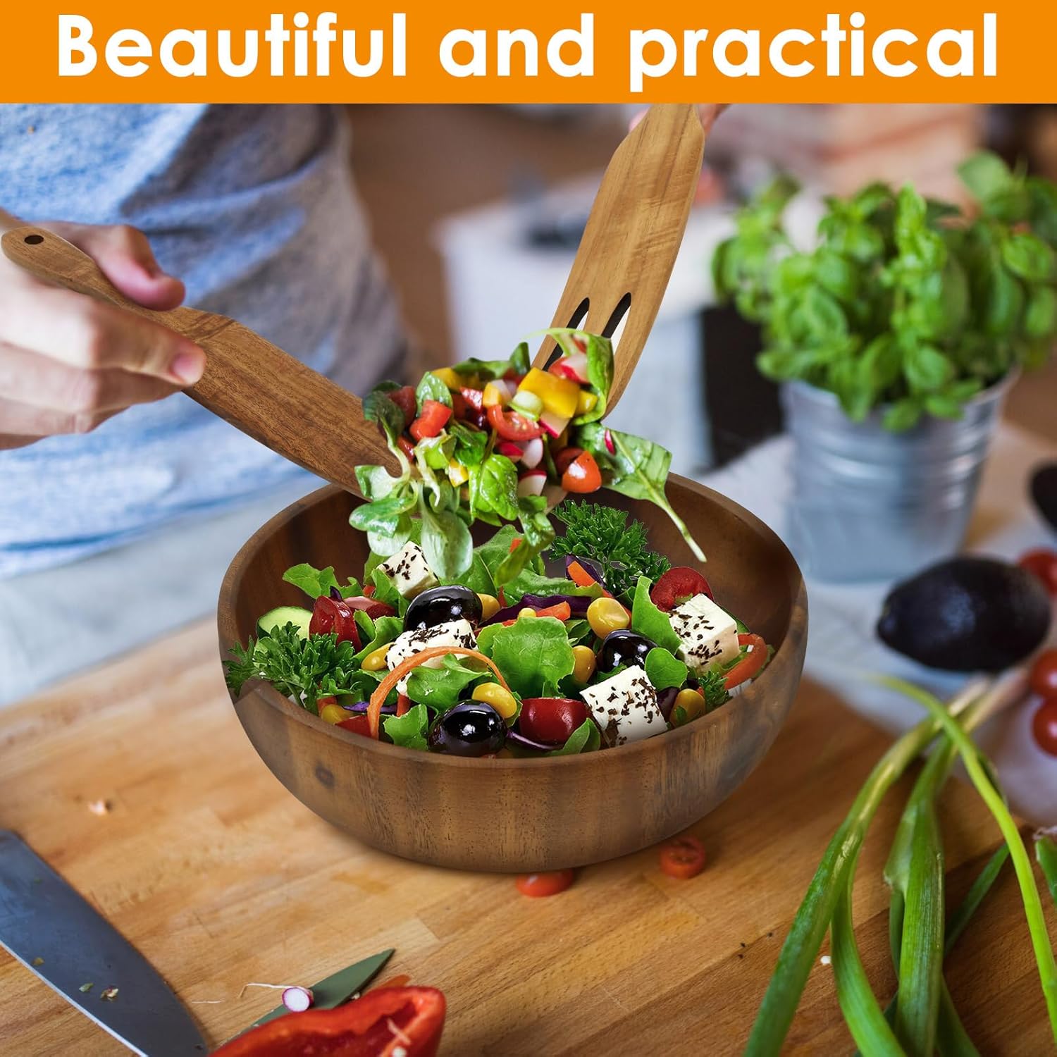 Wood Salad Bowl with Spatula and Fork, Round Serving Bowl, Large Mixing Bowls Set with Serving Utensils, Multi-functional Kitchen Serveware for Salads,Soups,Fruits,Snacks,Pasta
