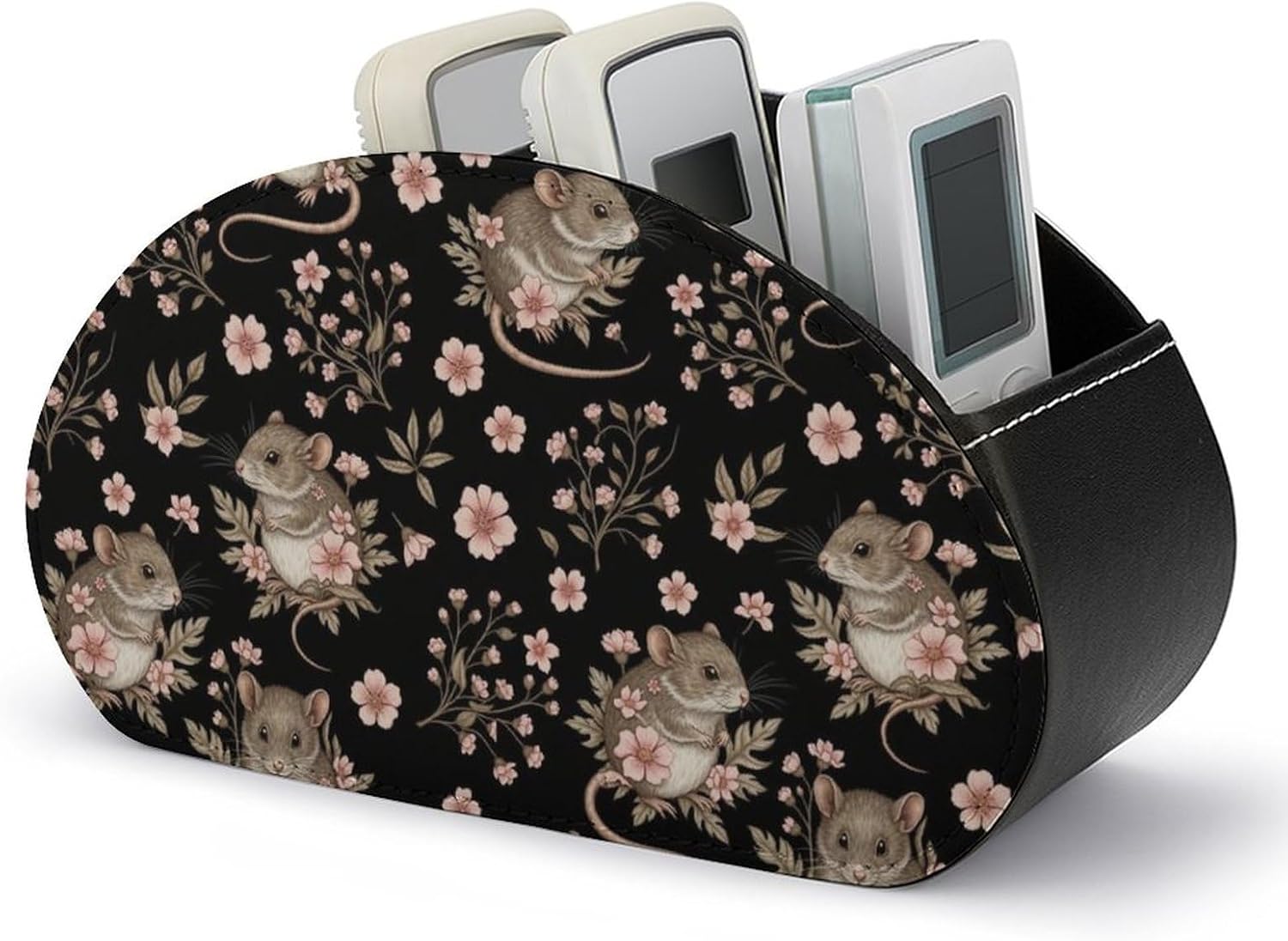 Remote Control Storage Box with 5 Compartments, PU Leather Organizer for Media Players, TV Remotes, and Office Desk, Mouse Flowers Floral