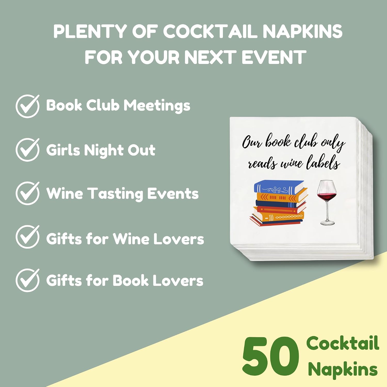 Book Club Cocktail Napkins, 50 Pack, 'Our Book Club Only Reads Wine Labels' Quote, Gifts for Women, Wine Night Party Decorations or Favors