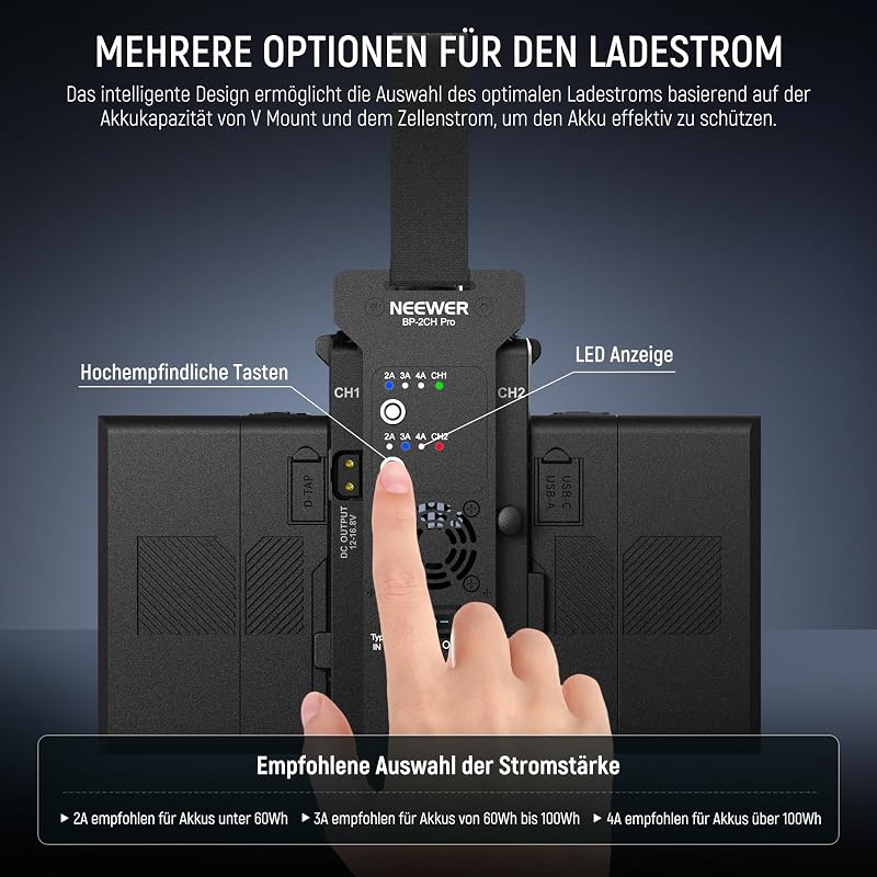 NEEWER V Mount Akkumulátor Töltő Dupla Csatornás, V Lock 100W PD USB-C Gyorstöltés, DC 48V/24V Kimenet, SmallRig Kompatibilis BP-2CH Pro
