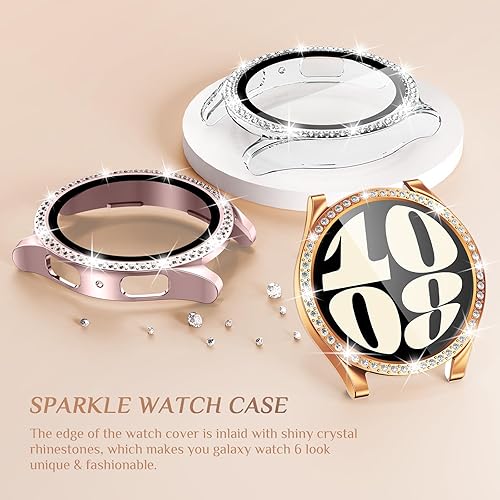 Miniatura 3 de Goton Paquete de 3 fundas brillantes para Samsung Galaxy Watch 6, protector de pantalla de 1.575 pulgadas, vidrio templado con purpurina de diamante