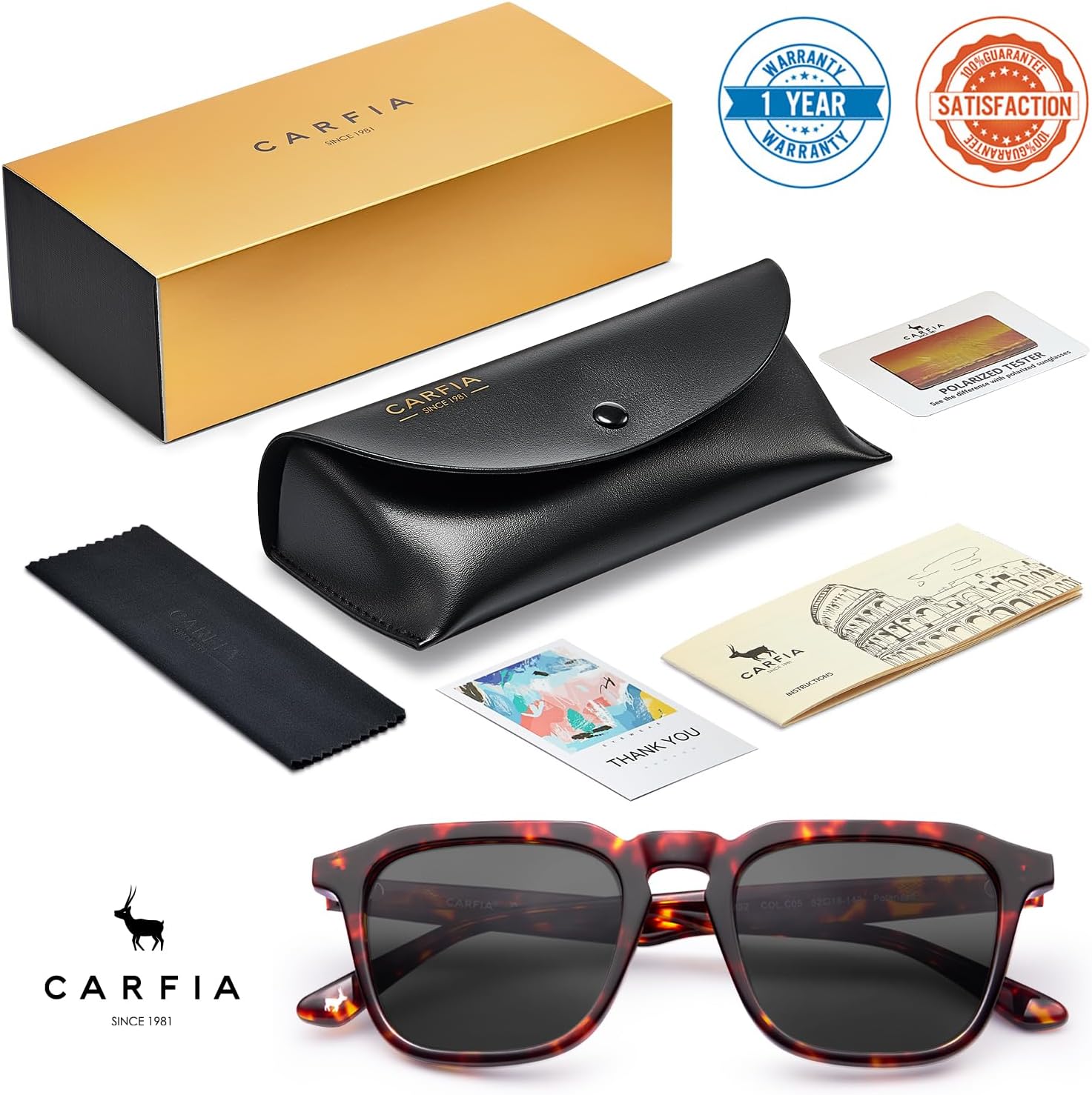 CARFIA Retro Sunglasses for Men Polarized UV400 Protection, Hand-crafted Acetate, 60s Style Square Cool Sun Glasses - Image 6