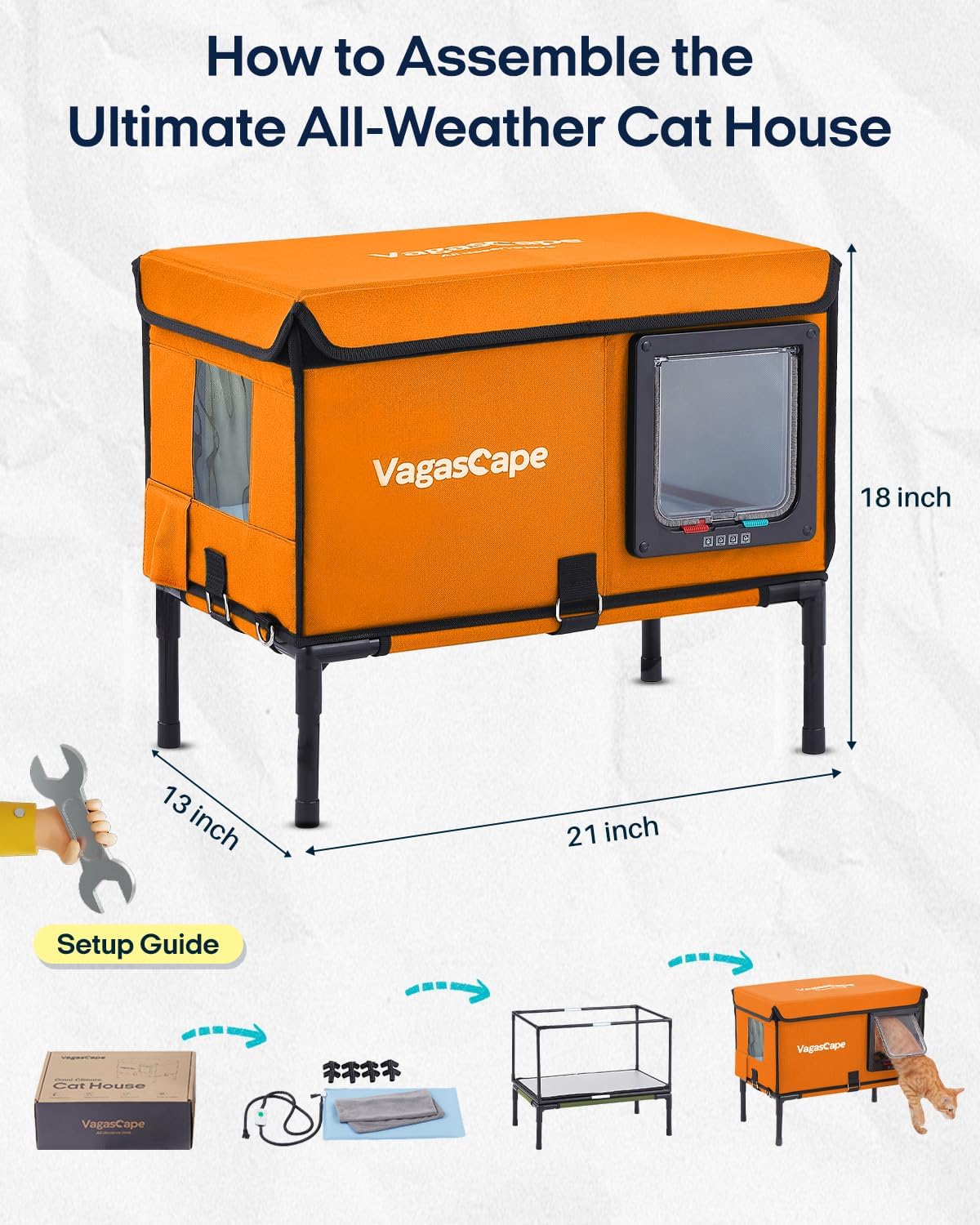 Vagascape Heated Outdoor Cat House for Outside Pets in Winter - Outdoor House for Ferals, Safe Escape Door Included, Rainproof & Windproof, Easy Installation (Orange)
