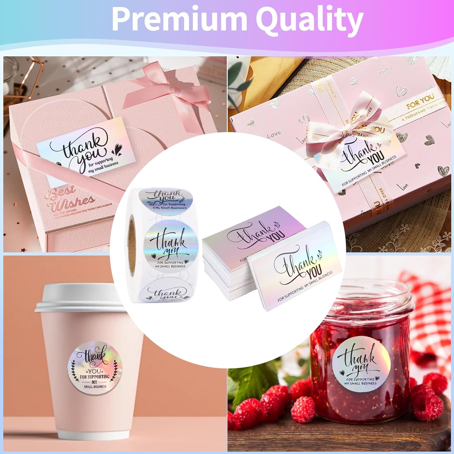 670Pcs Thank You Cards and Stickers Set- 500 Thank You for Supporting My Small Business Stickers & 120 Cards with 50 Resealable Packaging Bags, Small Business Essentials (Holographic) - Image 6