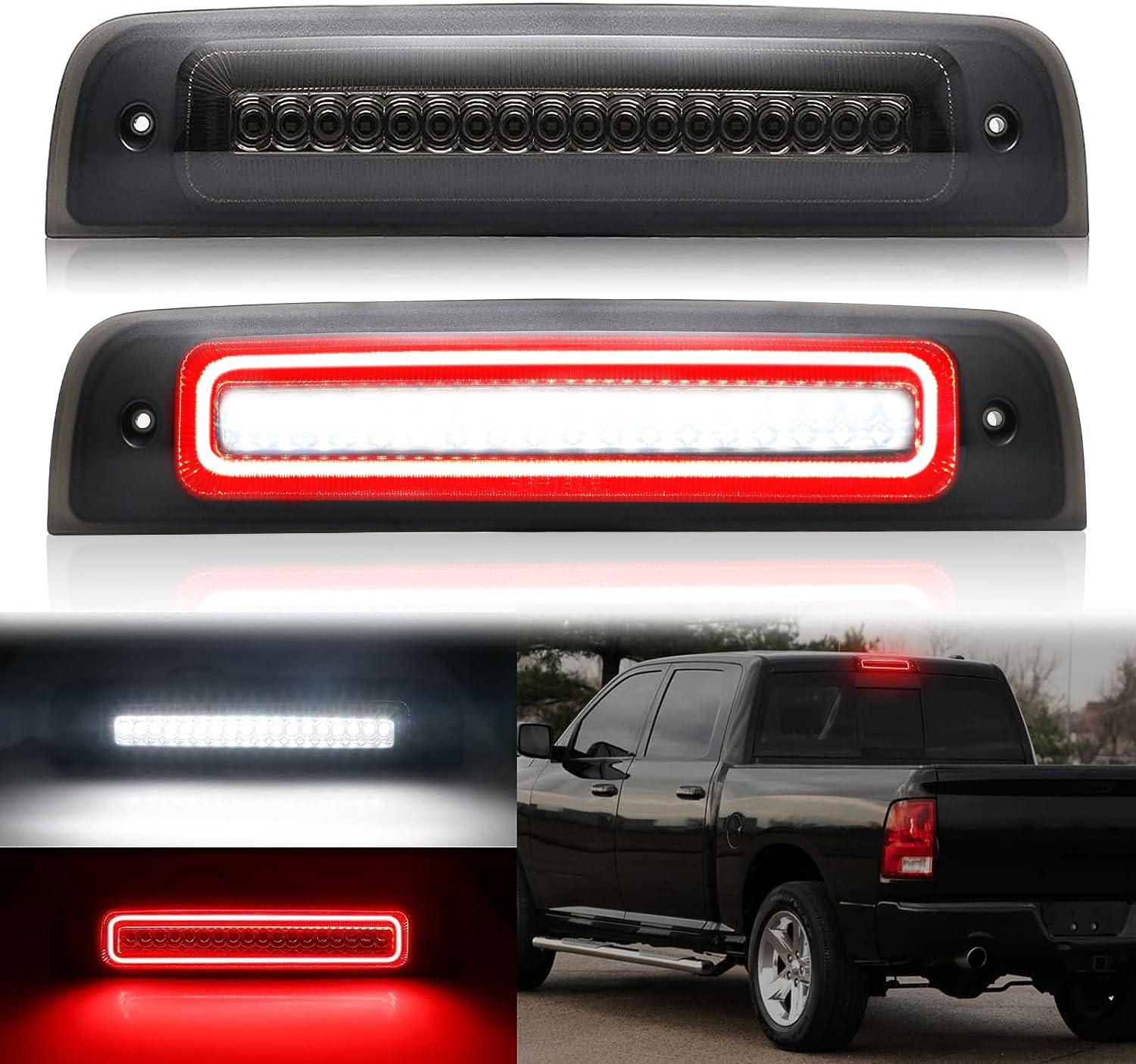 LED 3rd Brake Light Compatible with Ram 1500 2500 3500 2010-2018/Ram 4500 5500 2011-2018,Red F1 Style High Mount Stop Light White LED Cargo High Mount Lamp (Smoke,Red+White)