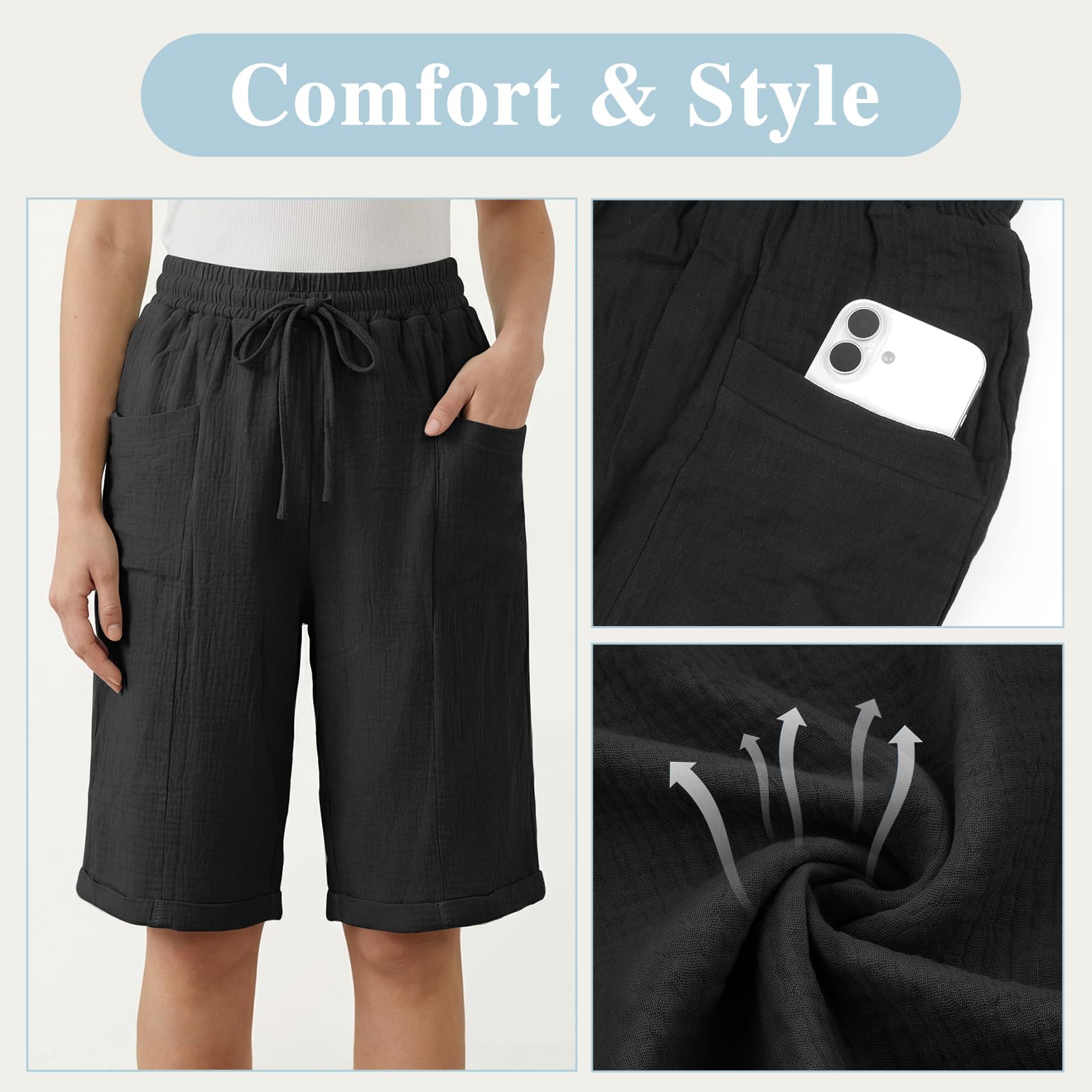 Musselin Shorts Damen Knielang mit Taschen und Kordelzug Beach Baggy Baumwoll Leinen Shorts Kurze Hosen Damen Sommer Knielang