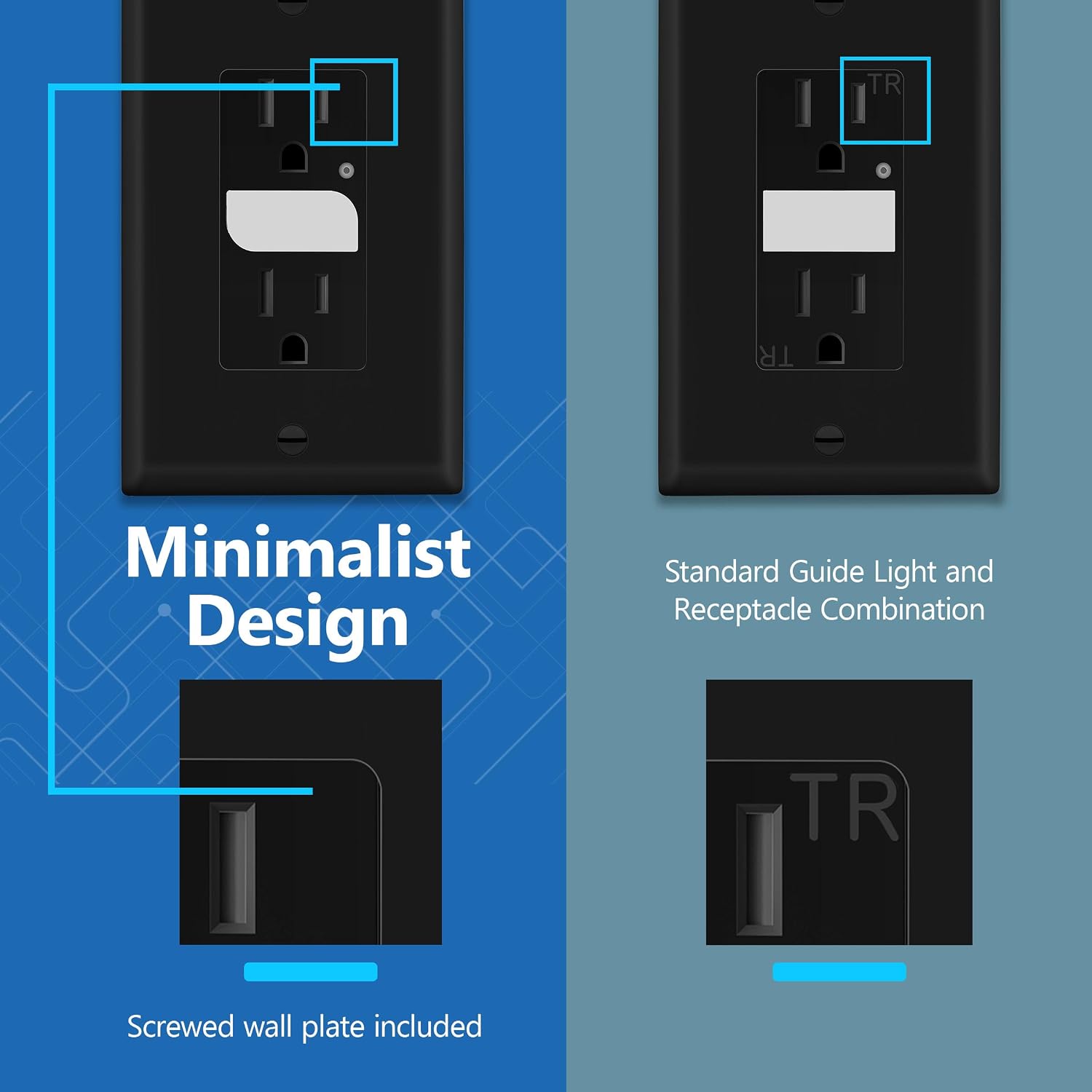 LIDER LED Guide Light Receptacle with Automatic Daylight Sensor and Wall Plate, Night Light Decorator Wall Outlet, 125VAC/15A Tamper-Resistant Receptacle, UL Listed, Thermoplastic, Matte Black, 2-Pack