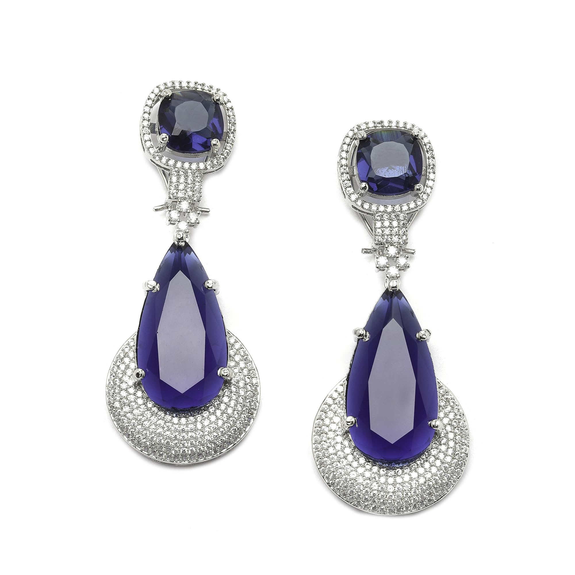 ZENEME Rhodium-Plated American Diamond Studded Teardrop Shaped Handcrafted Drop Earrings For Girls and Women (Navy Blue) (B0CG9CK1CC) Amazon Price History, Amazon Price Tracker
